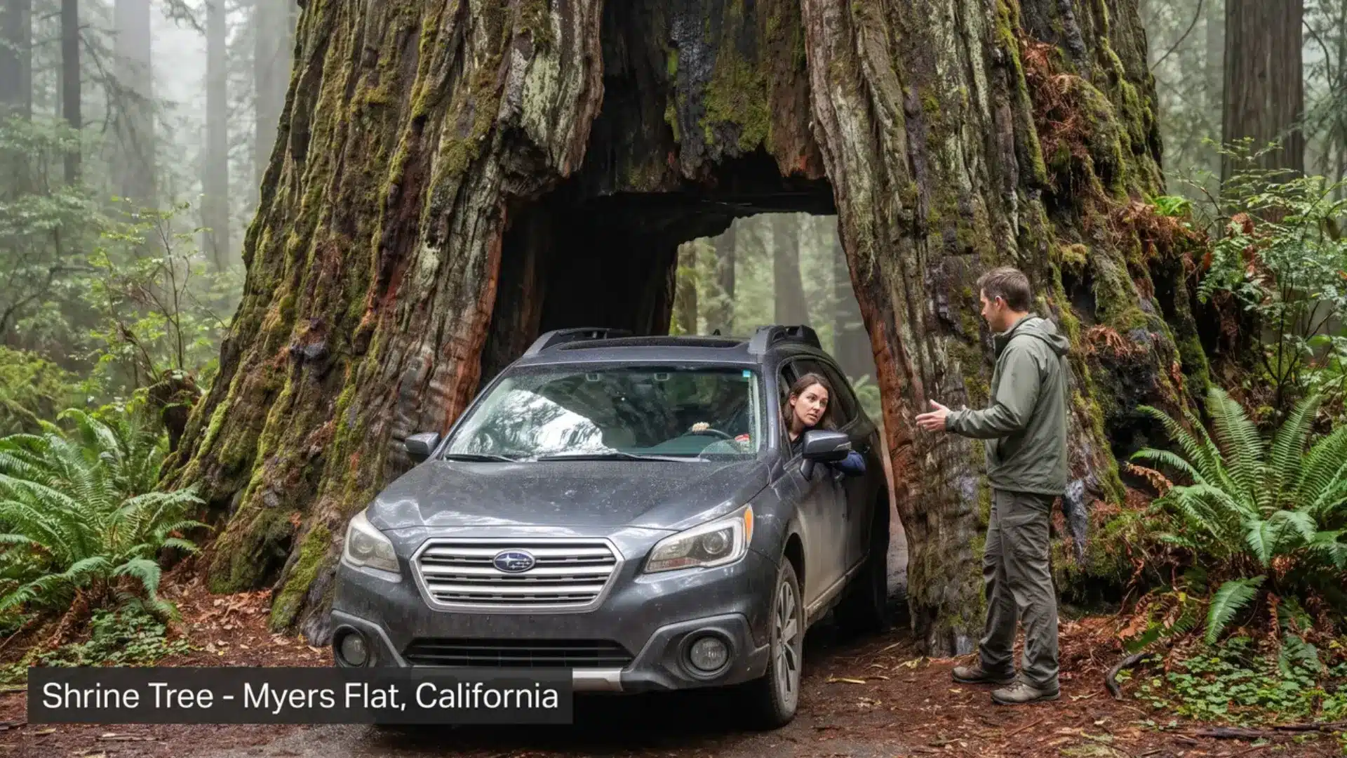 car passing through the narrow shrine tree tunnel among tall redwoods near myers flat, california
