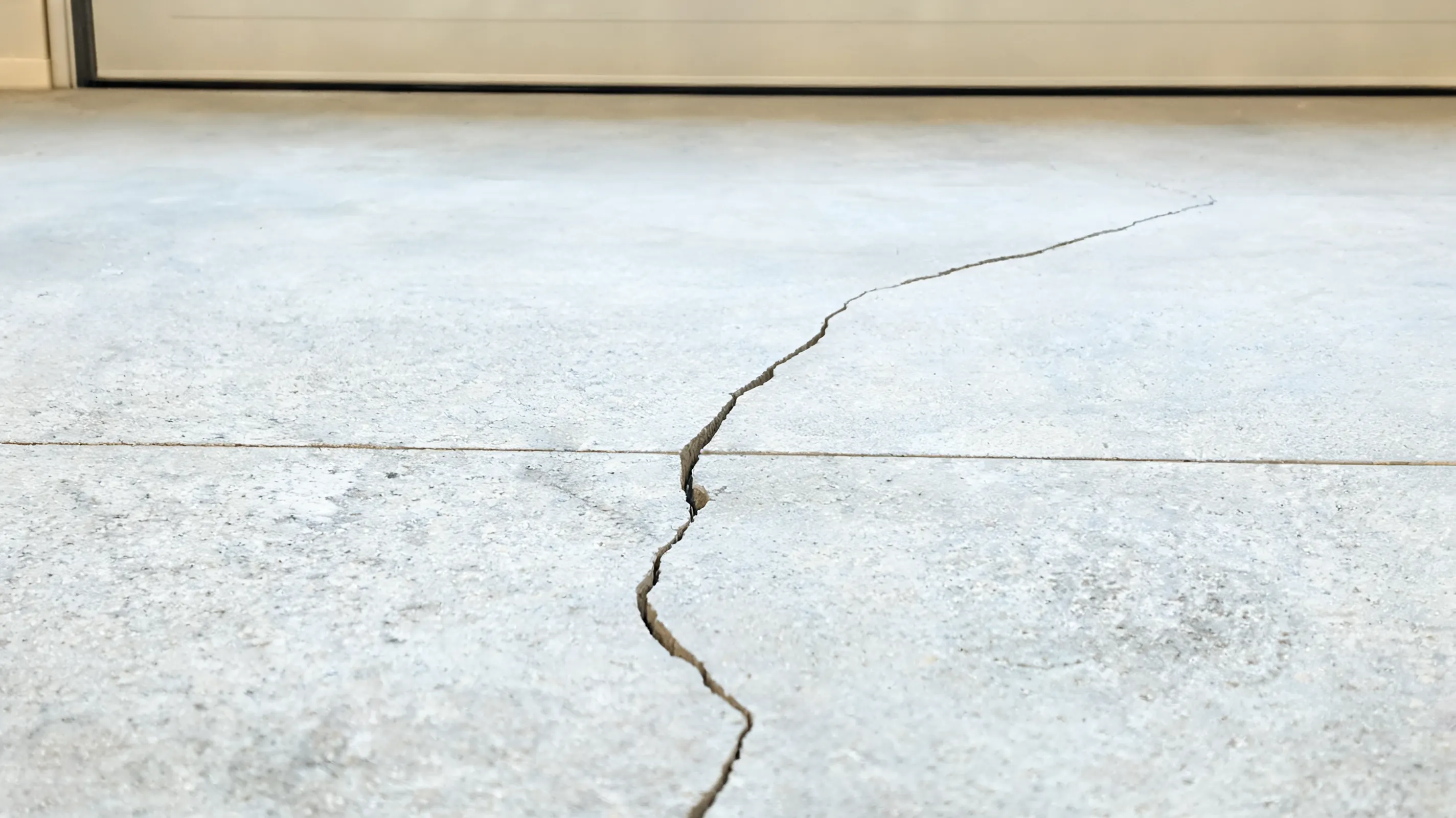 slightly wider isolated shrinkage crack on a level garage floor shown in a close angled view