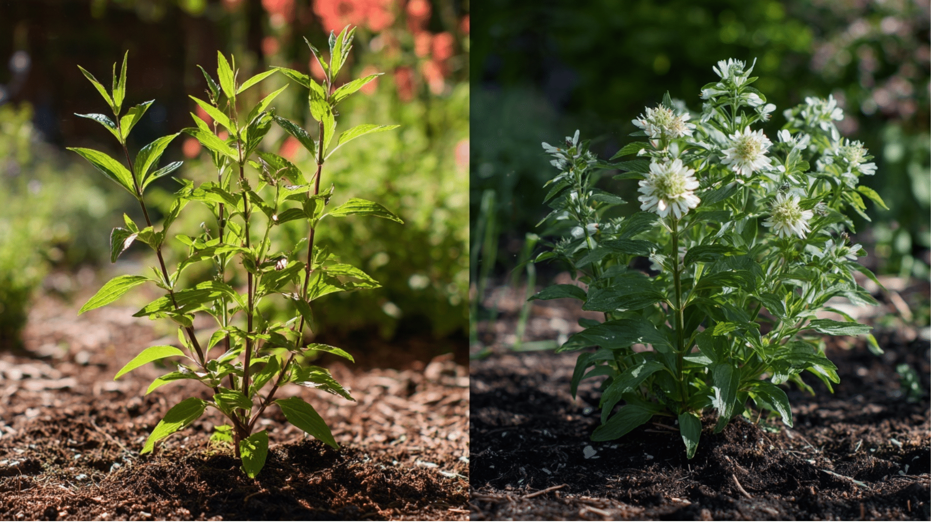 side by side comparison of a perennial plant in year one looking small and unimpressive versus year three looking full and lush in bloom