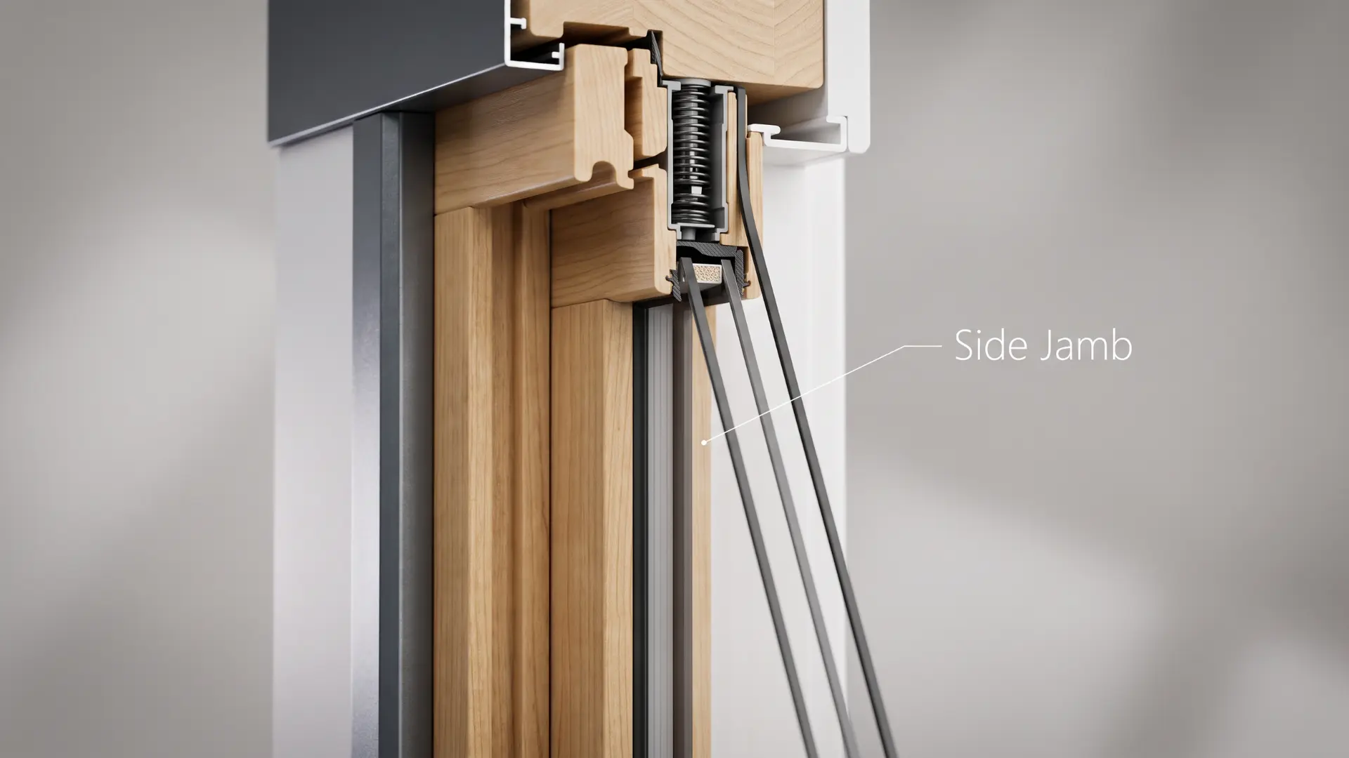 window side jamb cutaway showing wood framing glass seals and a concealed spring mechanism above