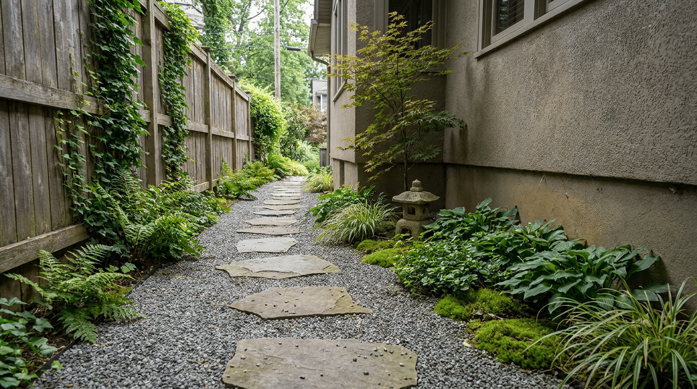 side yard zen garden ideas with gravel, stepping stones, soft plants, and a quiet narrow walkway
