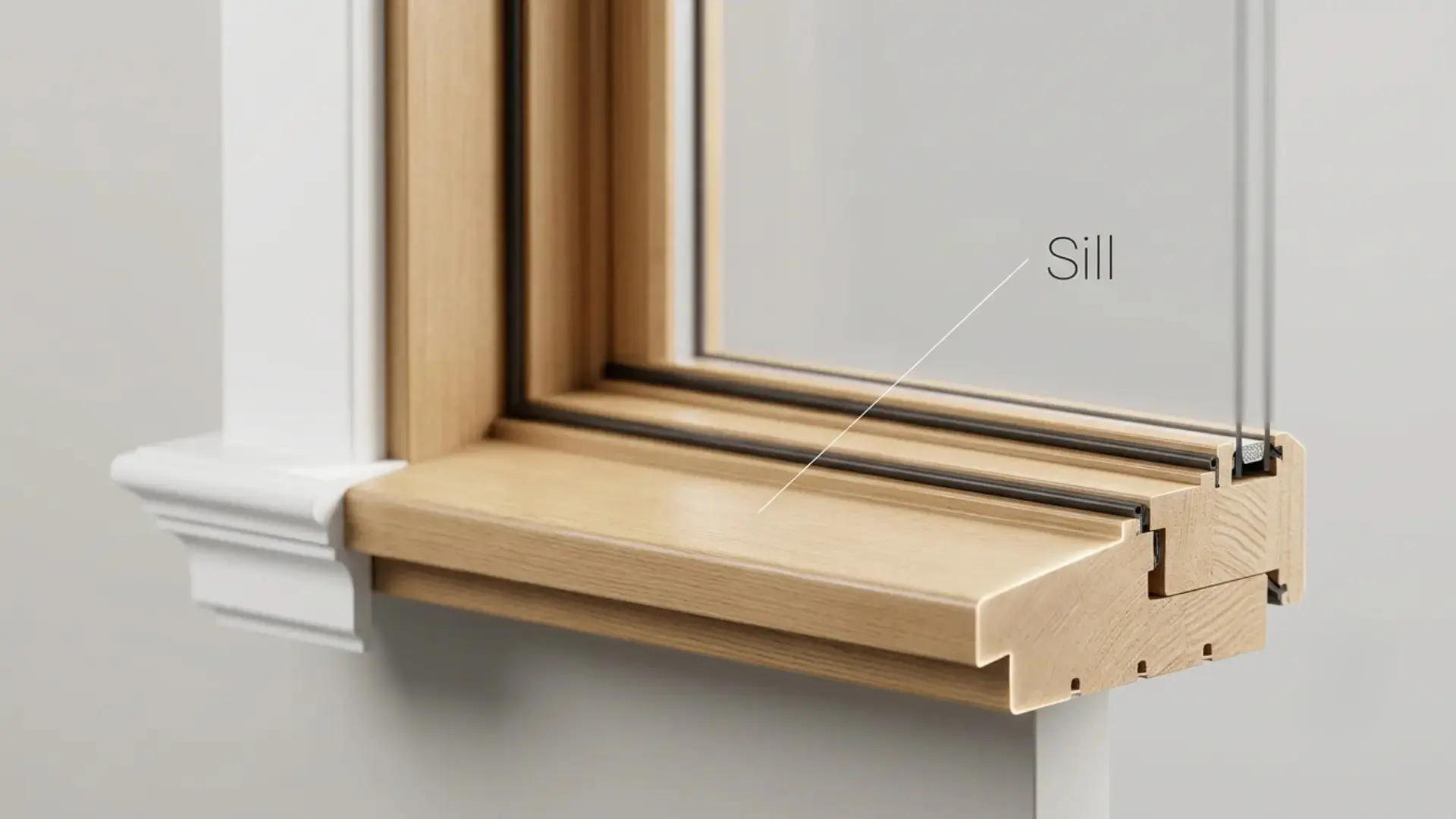 close view of a wood window sill showing glass seals frame joints and surrounding white interior trim