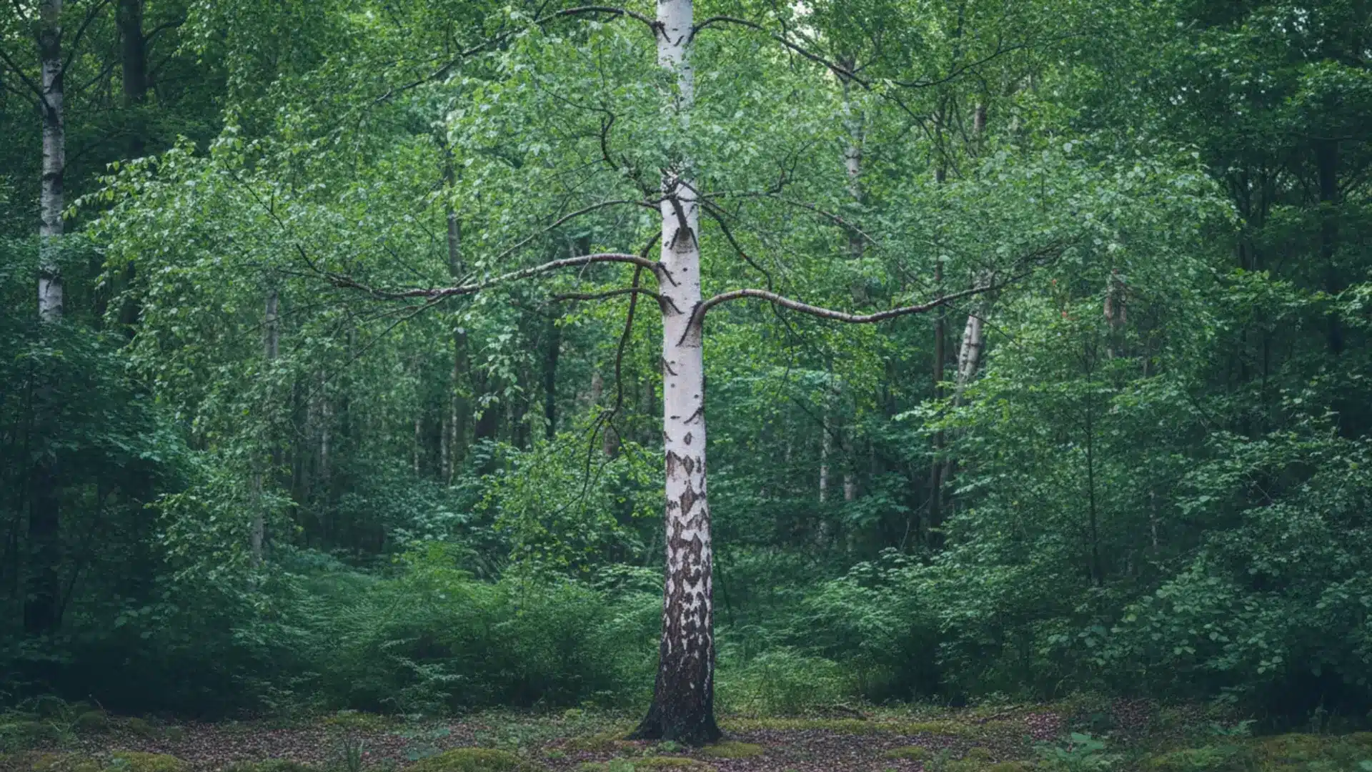 tall silver birch with a narrow white trunk and dark markings stands alone in a lush green clearing