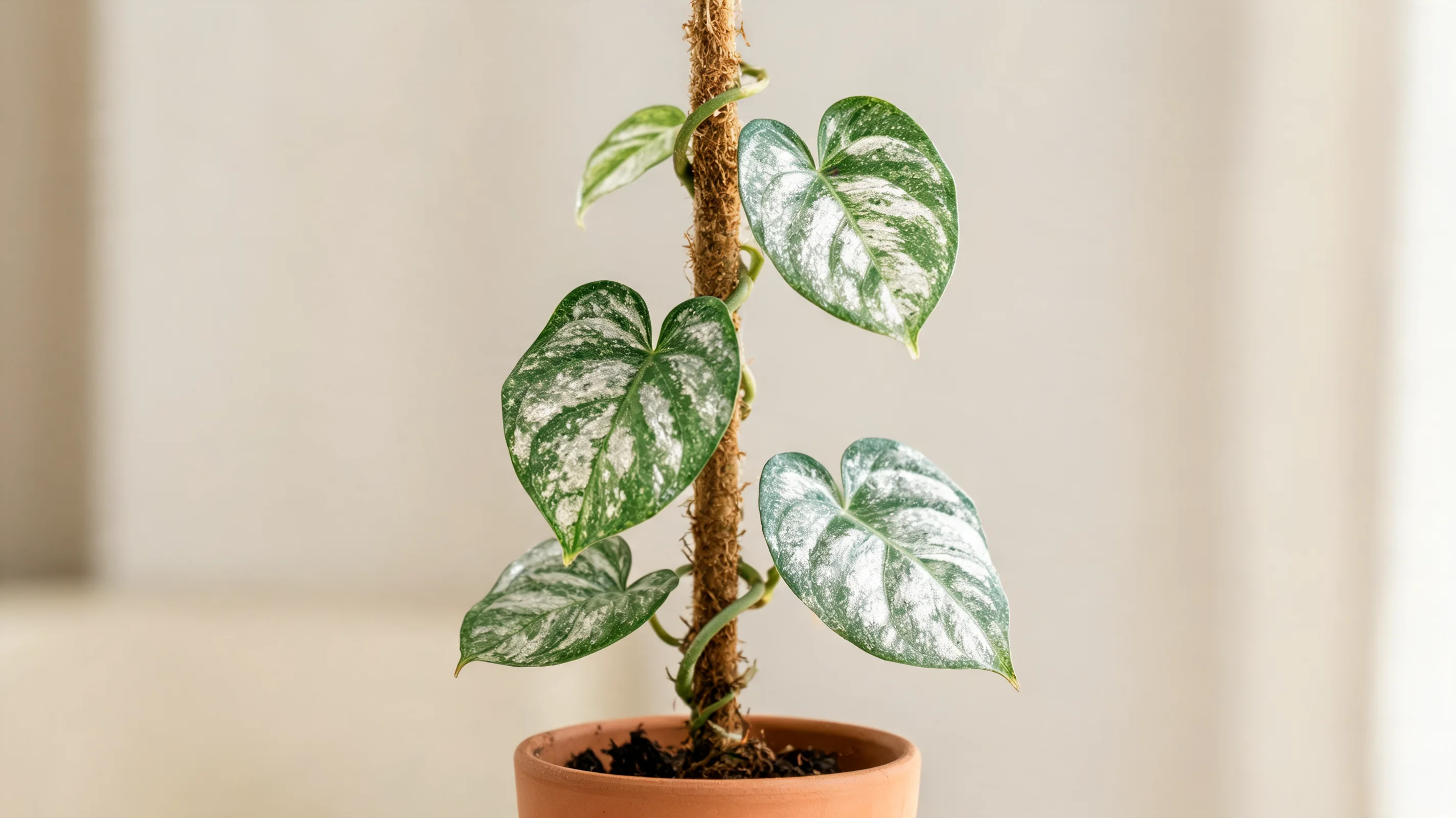 silver cloud philodendron with rounded heart shaped green leaves covered in dense silver patches