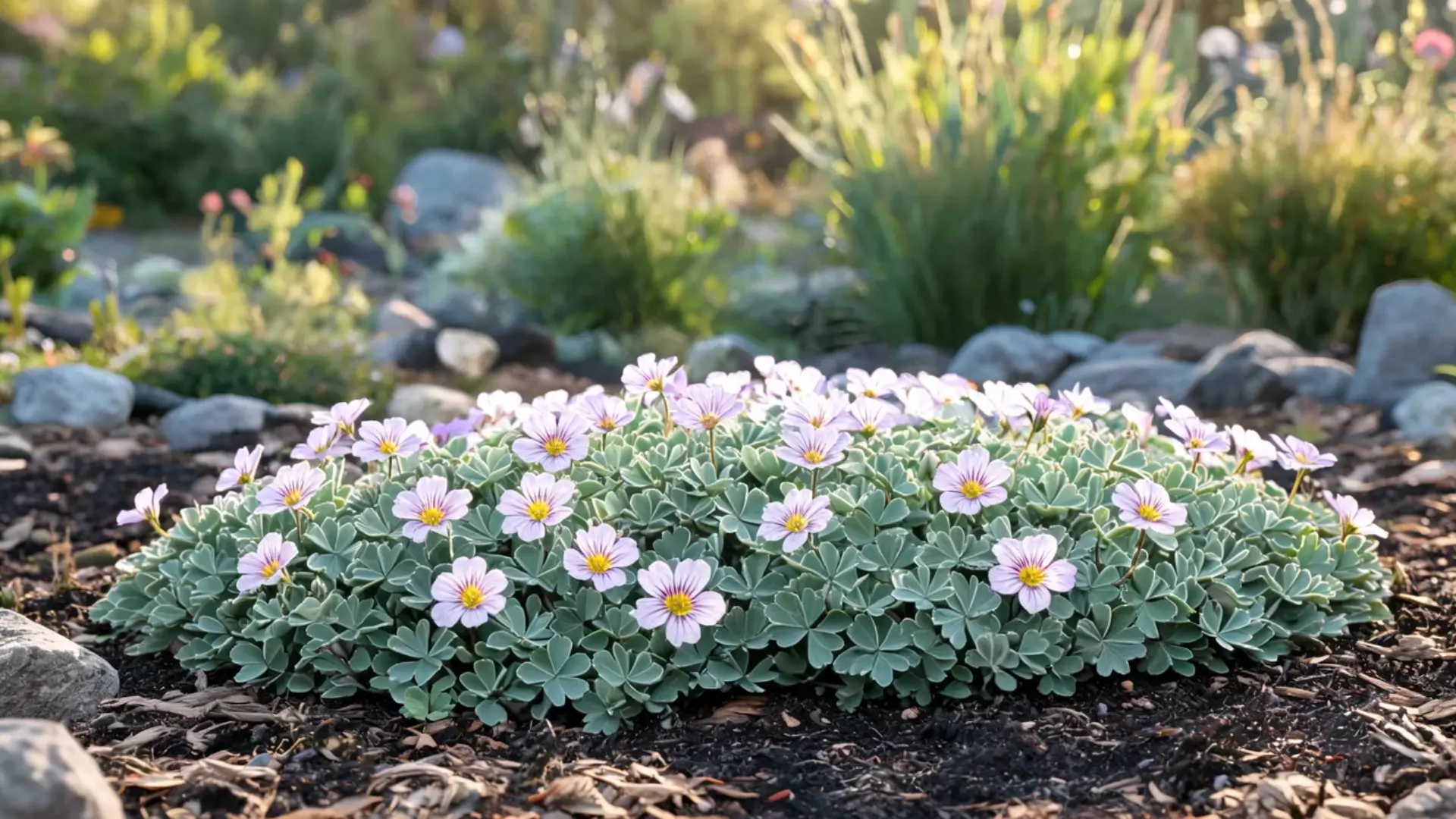 silver shamrock plant with clover shaped silvery leaves and small pale purple garden flowers
