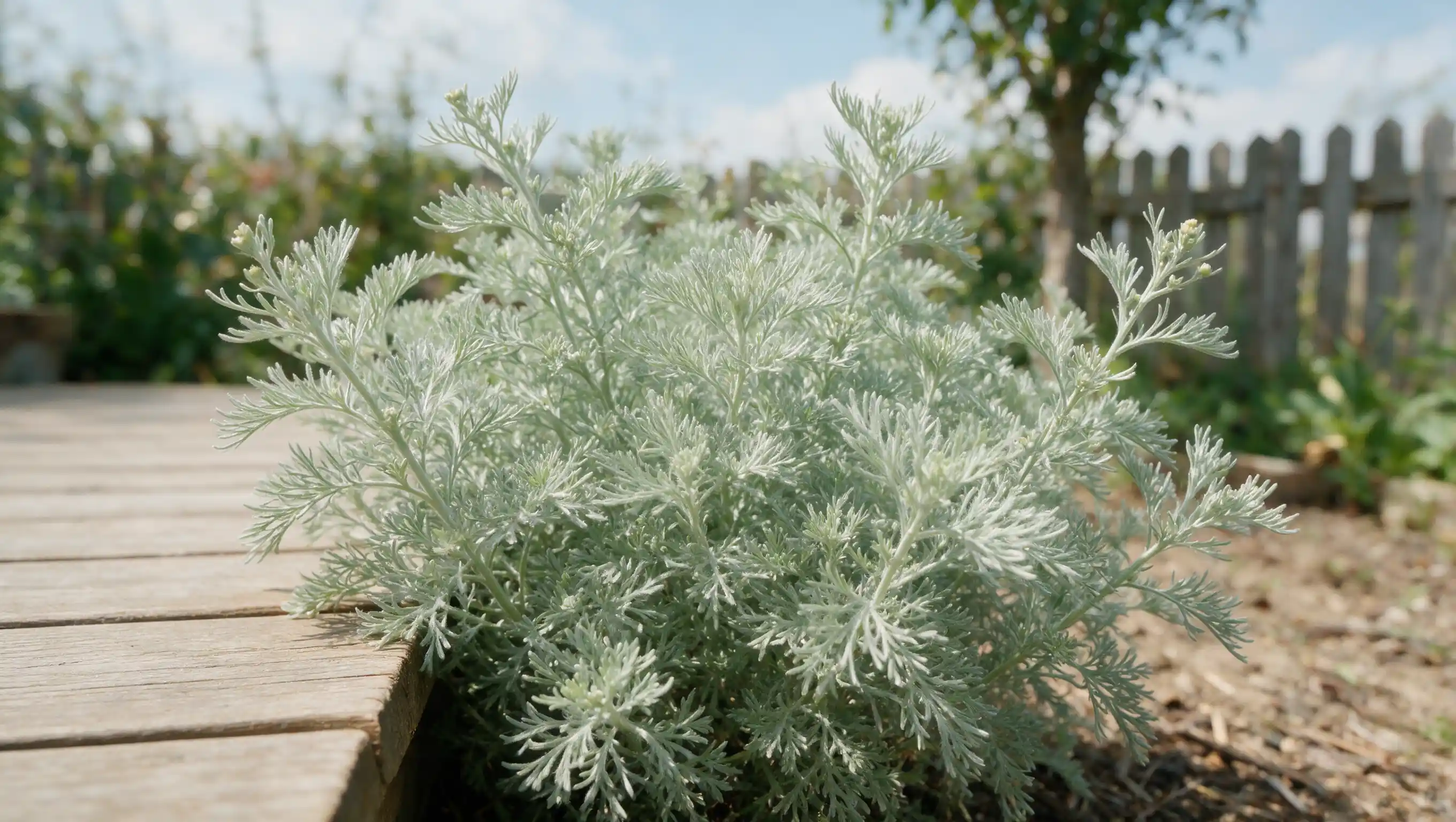 silvery feathery wormwood plant with fine hair like leaves growing near a wooden garden deck