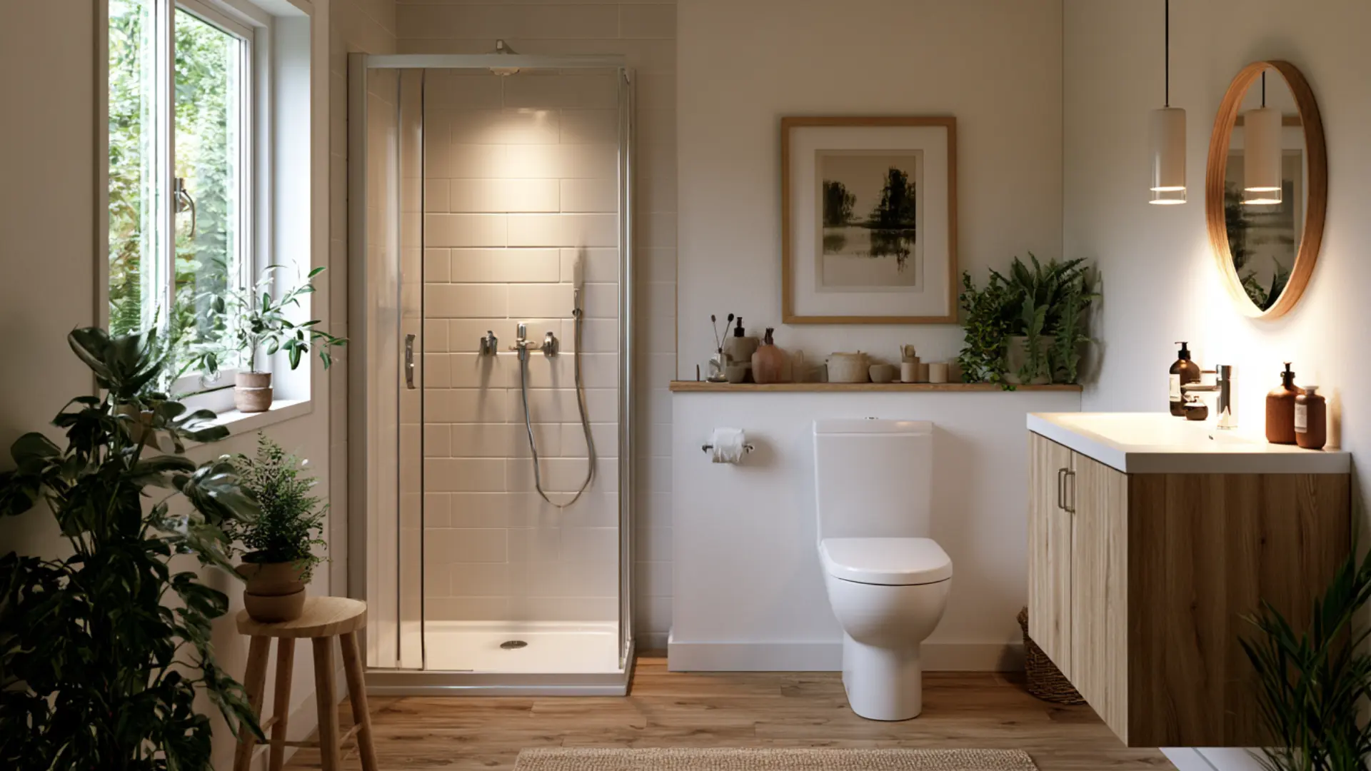 small bathroom with a simple shower surround replacing an old bathtub space