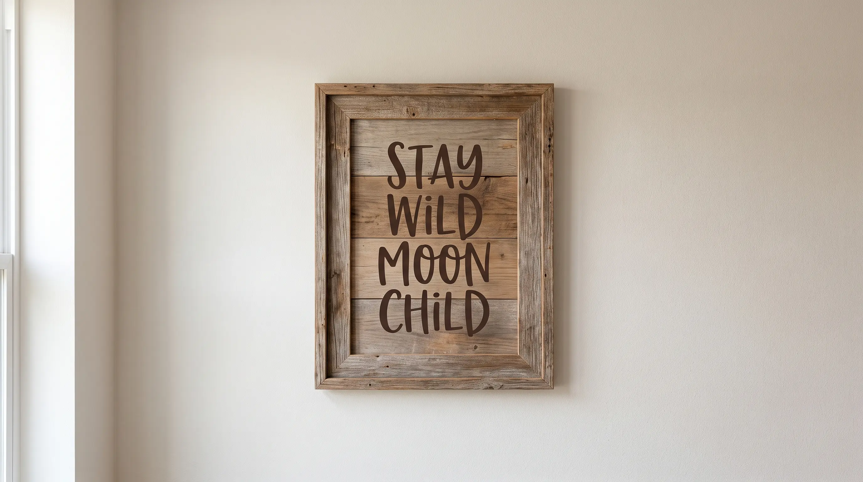a plain wood base holding a short favorite quote made from vinyl letters inside a secondhand frame