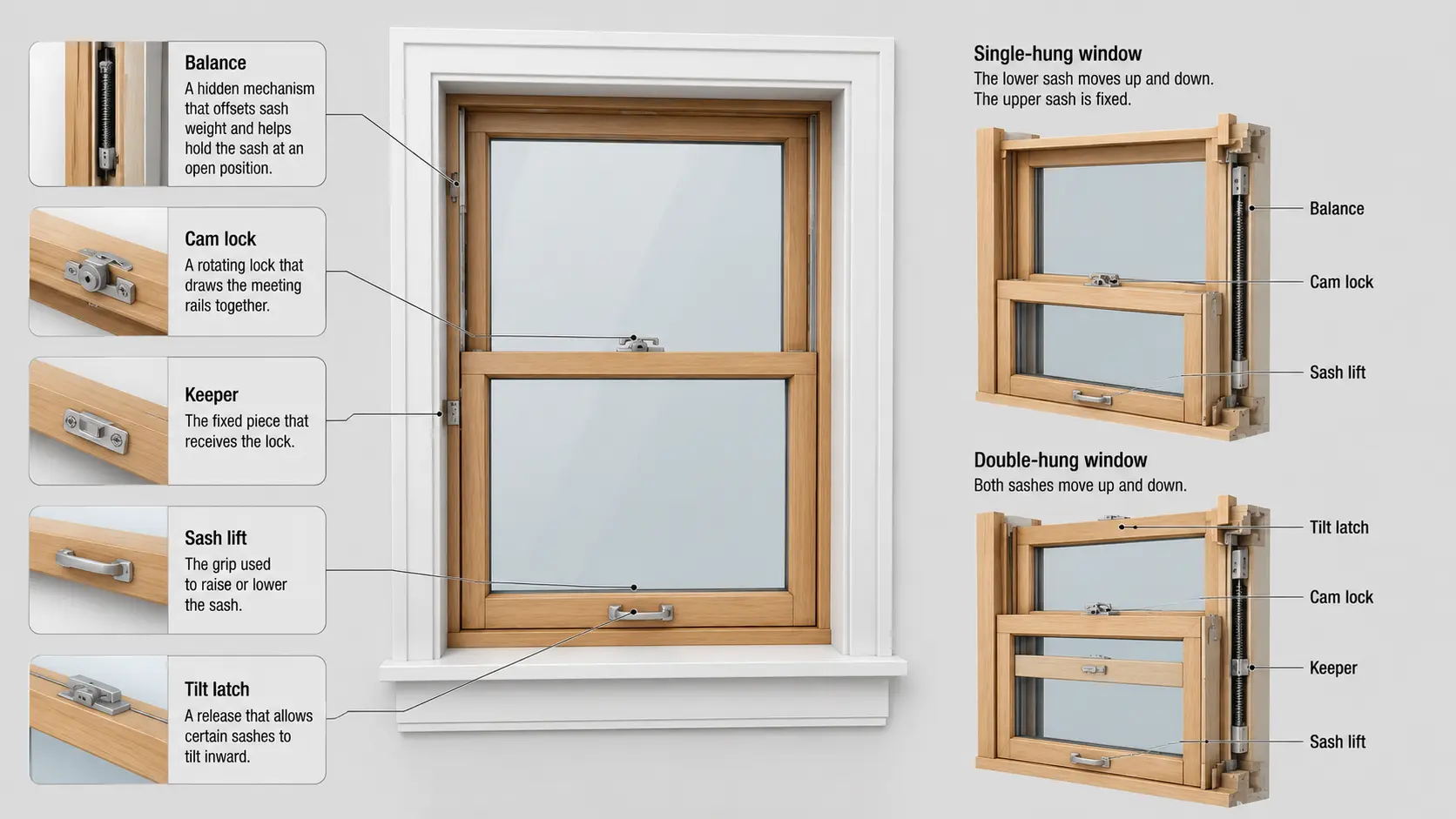 window diagram comparing single hung and double hung sashes with locks lifts latches and balances