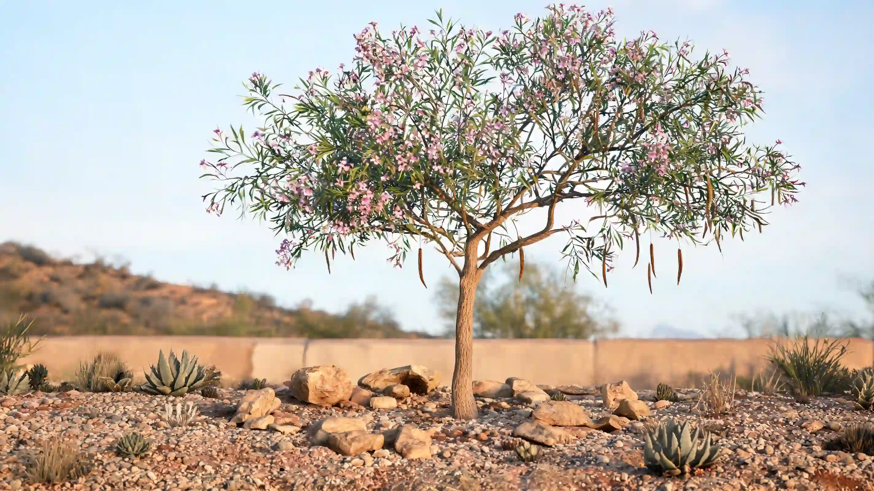 single trunk desert willow with narrow leaves trumpet flowers and an open crown in a dry yard