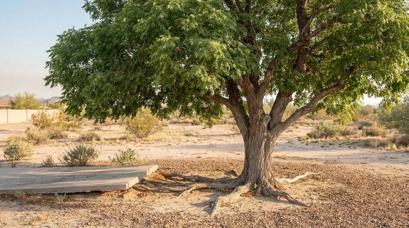 sissoo tree with a broad green canopy strong branches and visible roots in a large open park