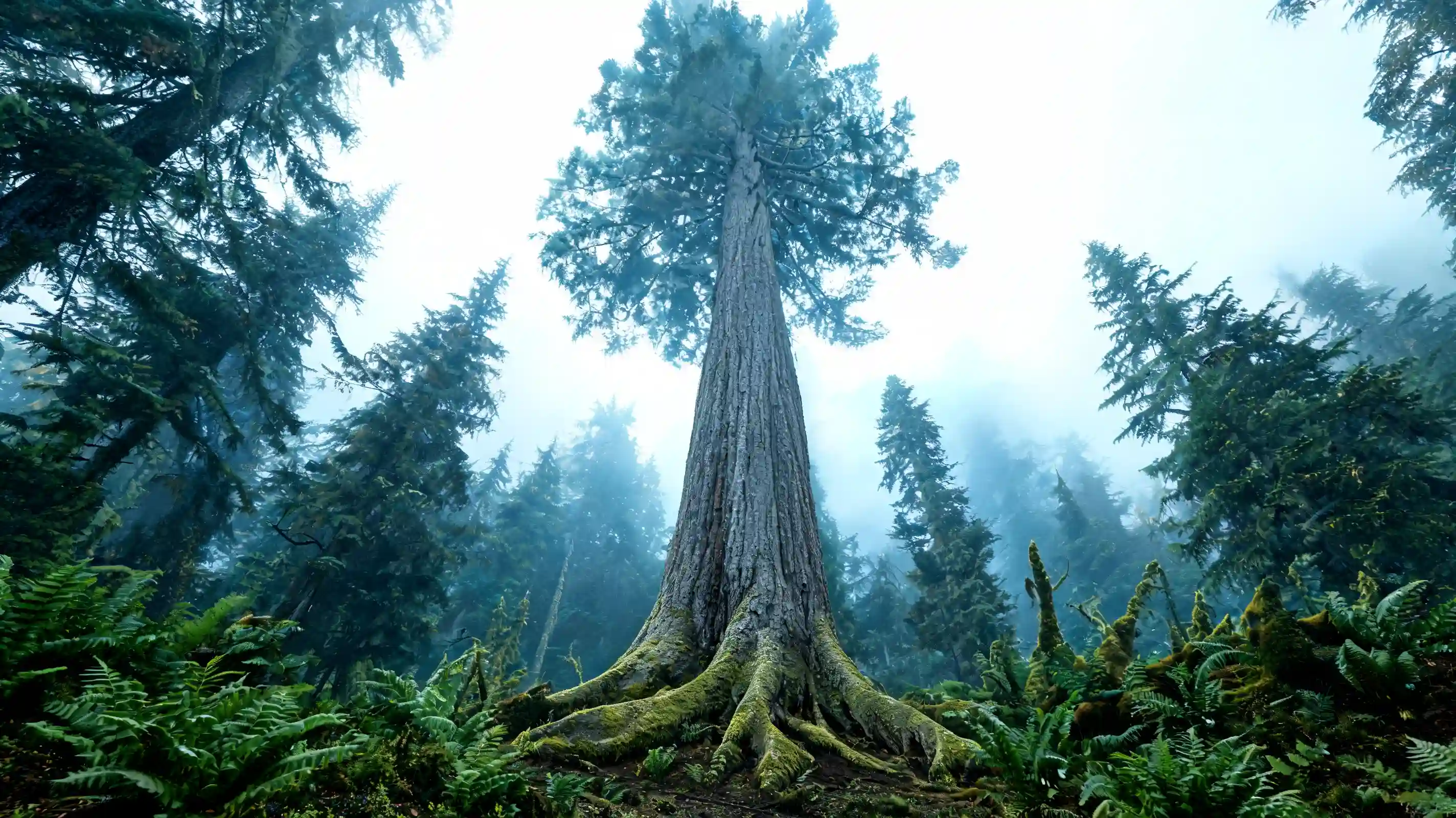 massive sitka spruce with a broad trunk and blue green needles in a cool pacific coastal forest