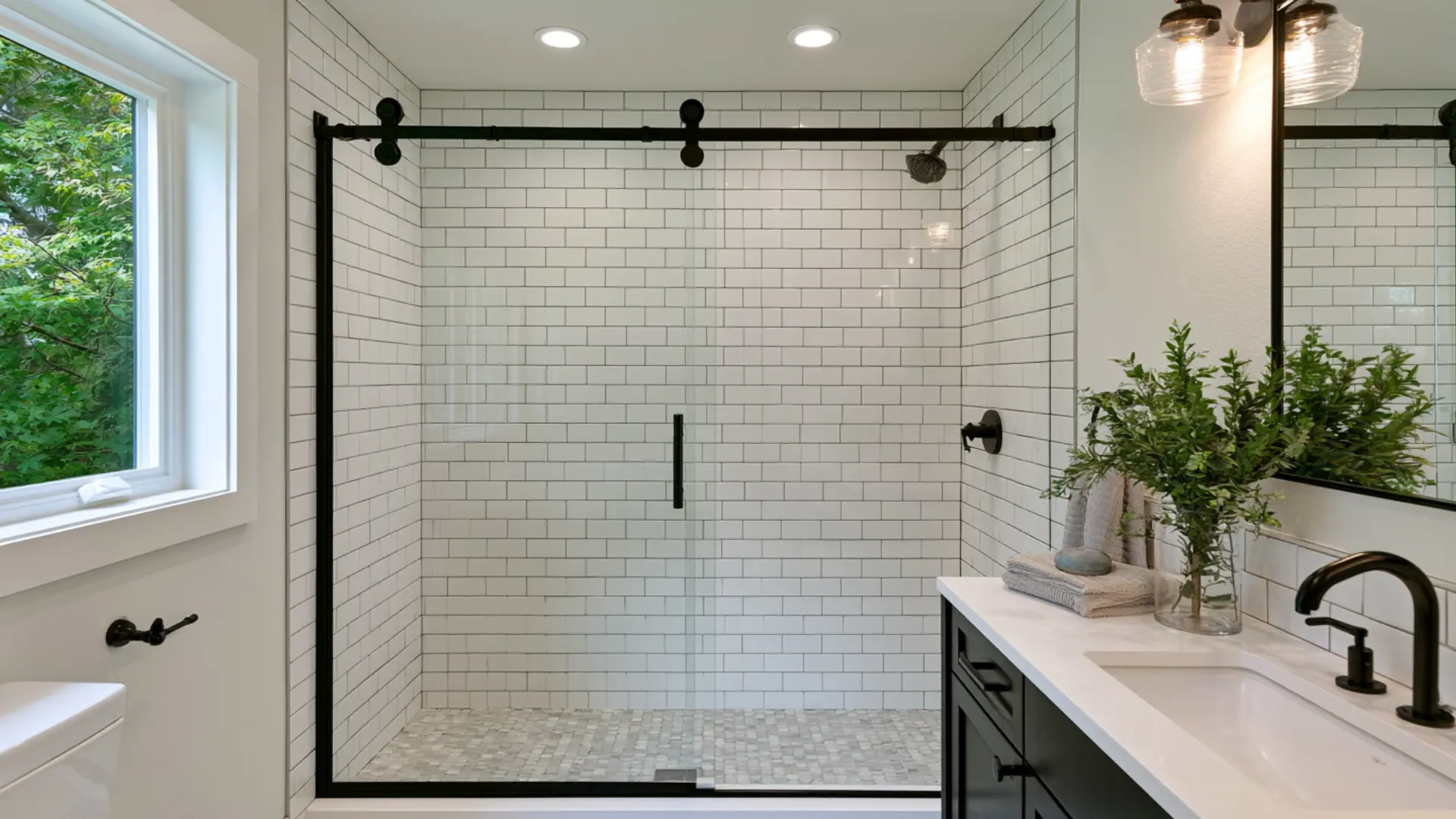 narrow bathroom with a sliding glass shower door and modern tile design