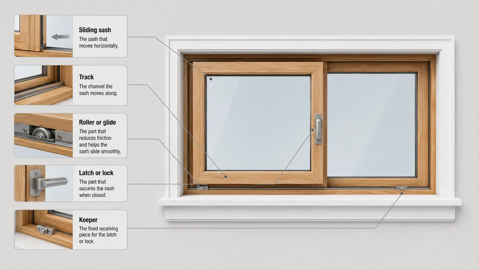 sliding window diagram showing the moving sash track roller latch keeper and wood framed glass panels