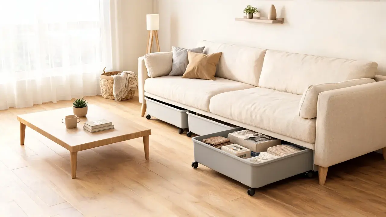 slim storage containers slid neatly underneath a sofa to make use of otherwise hidden floor space