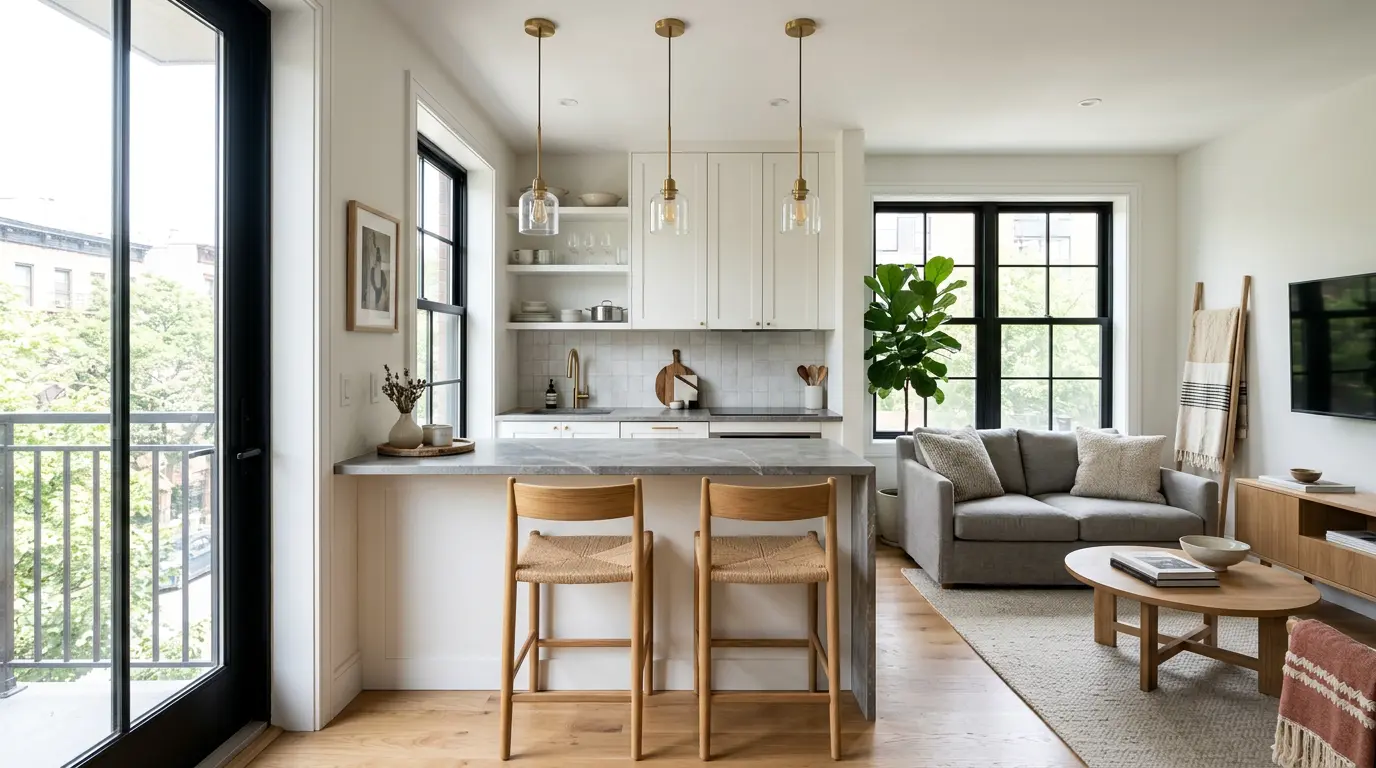 slim island between kitchen and living room