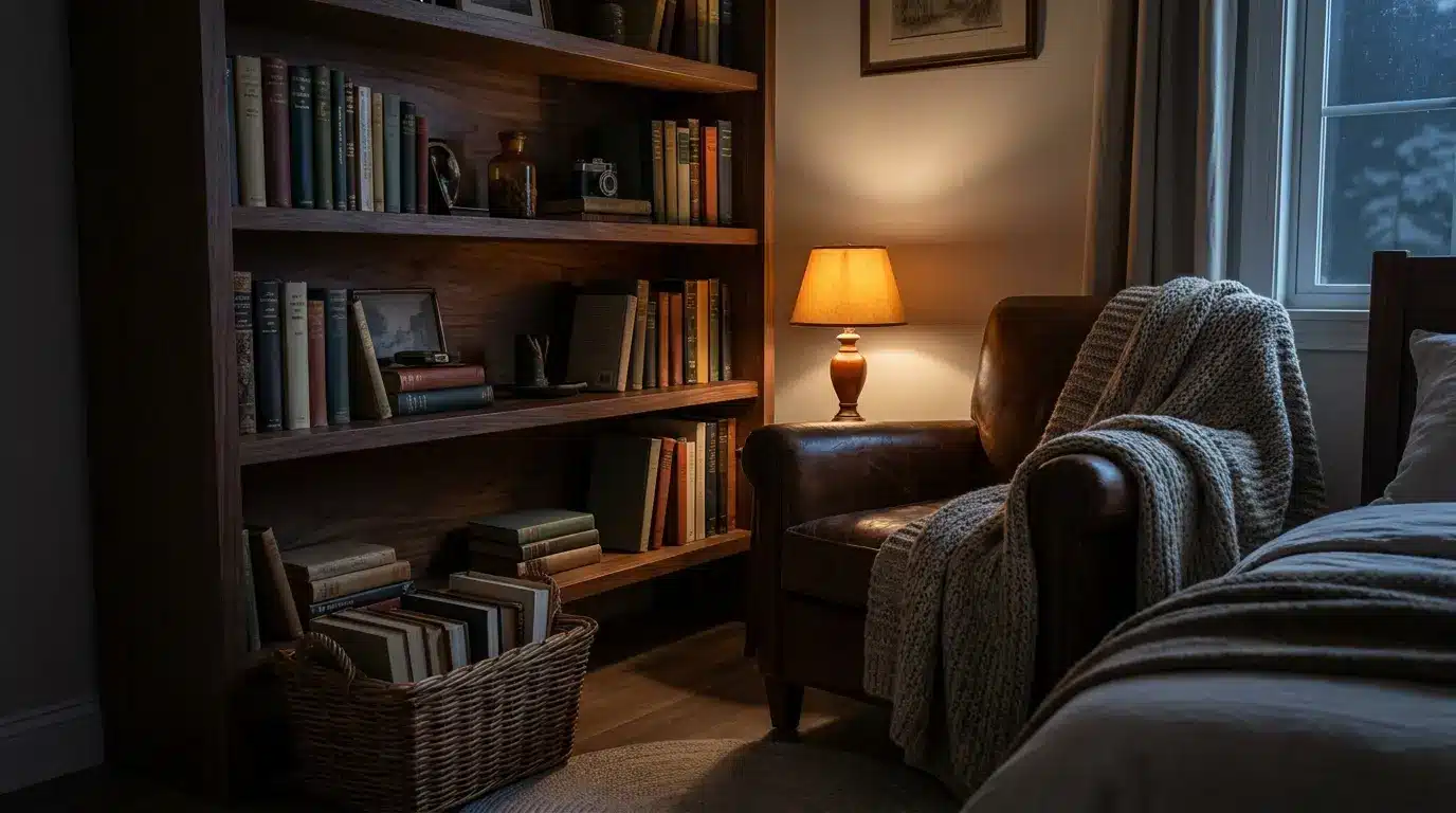 small book nook with narrow shelf chair lamp basket and cozy dark academia colors