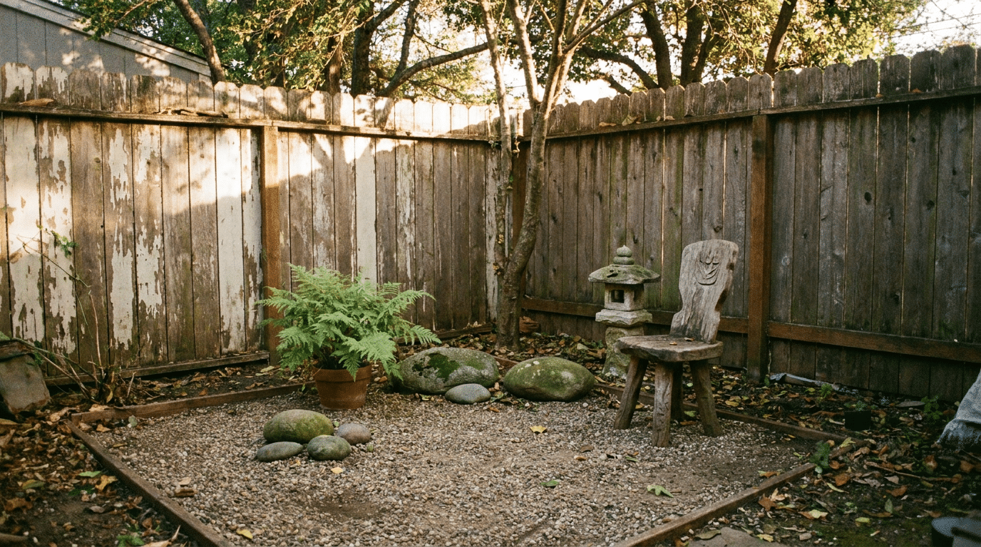 small corner zen garden ideas with soft plants, pale gravel, simple stones, and a quiet backyard seat