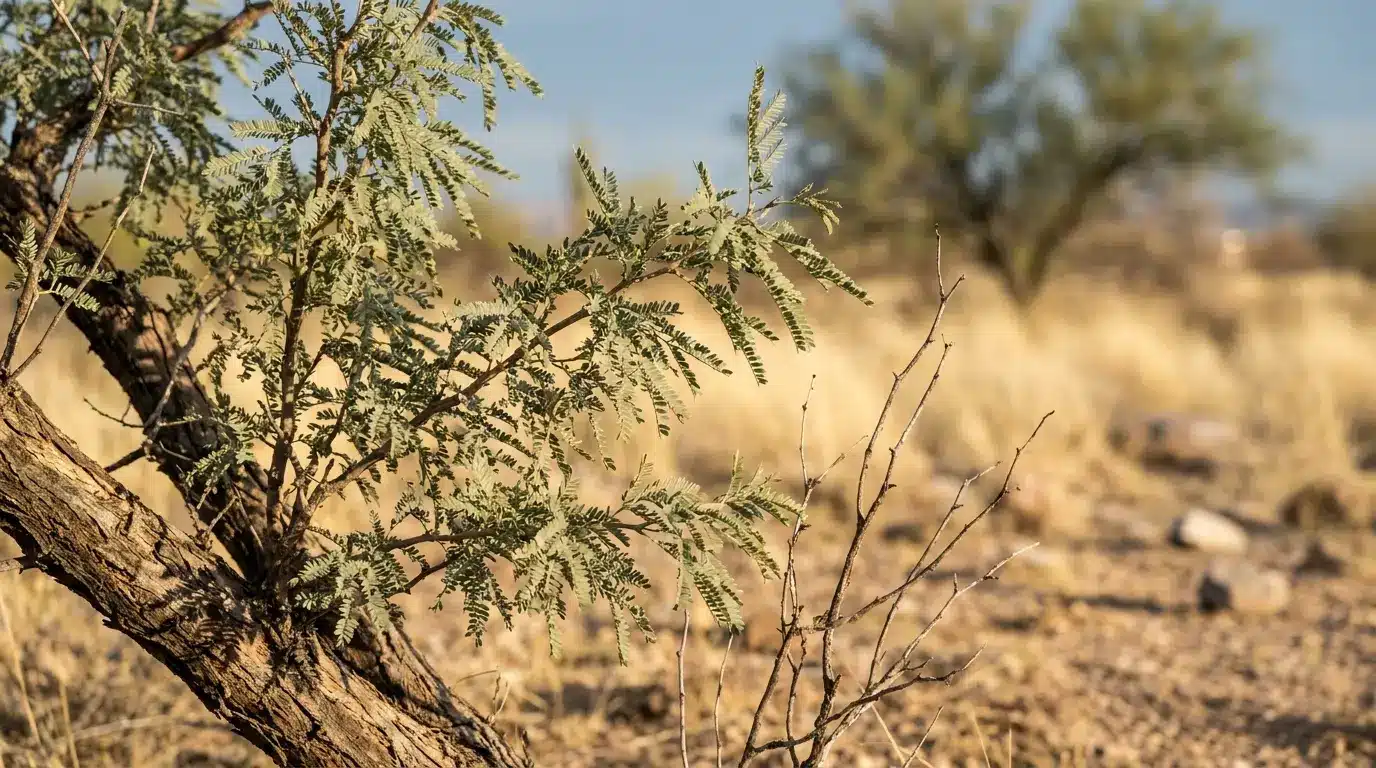 small mesquite leaflets beside bare twigs showing drought response in a sunlit dry desert setting