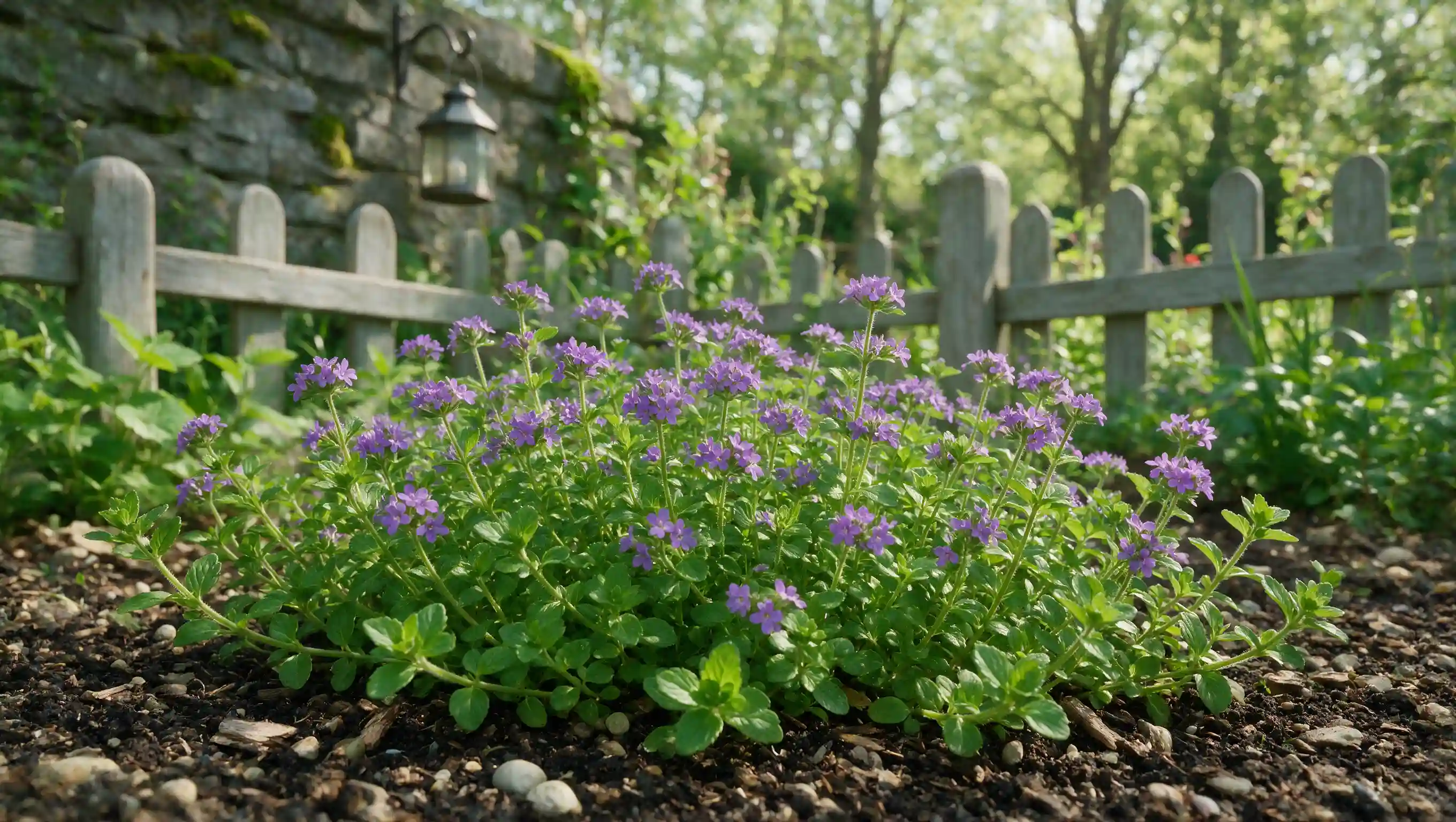 small mint like pennyroyal plant with tiny purple flower clusters growing as low ground cover