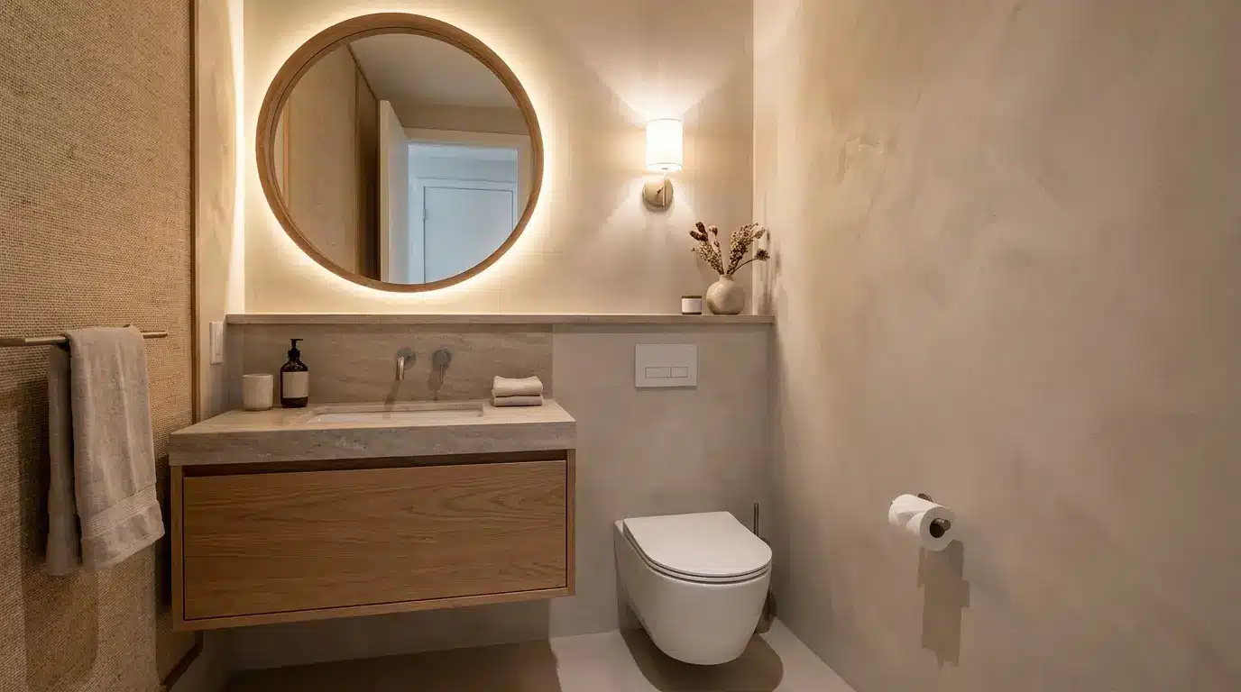 small powder room with neat vanity toilet mirror warm lighting and open floor area