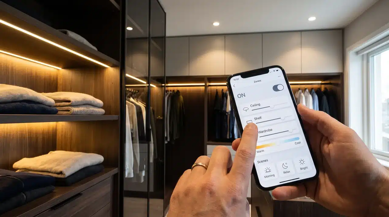 smartphone controlling brightness and colour temperature of walk in closet lights