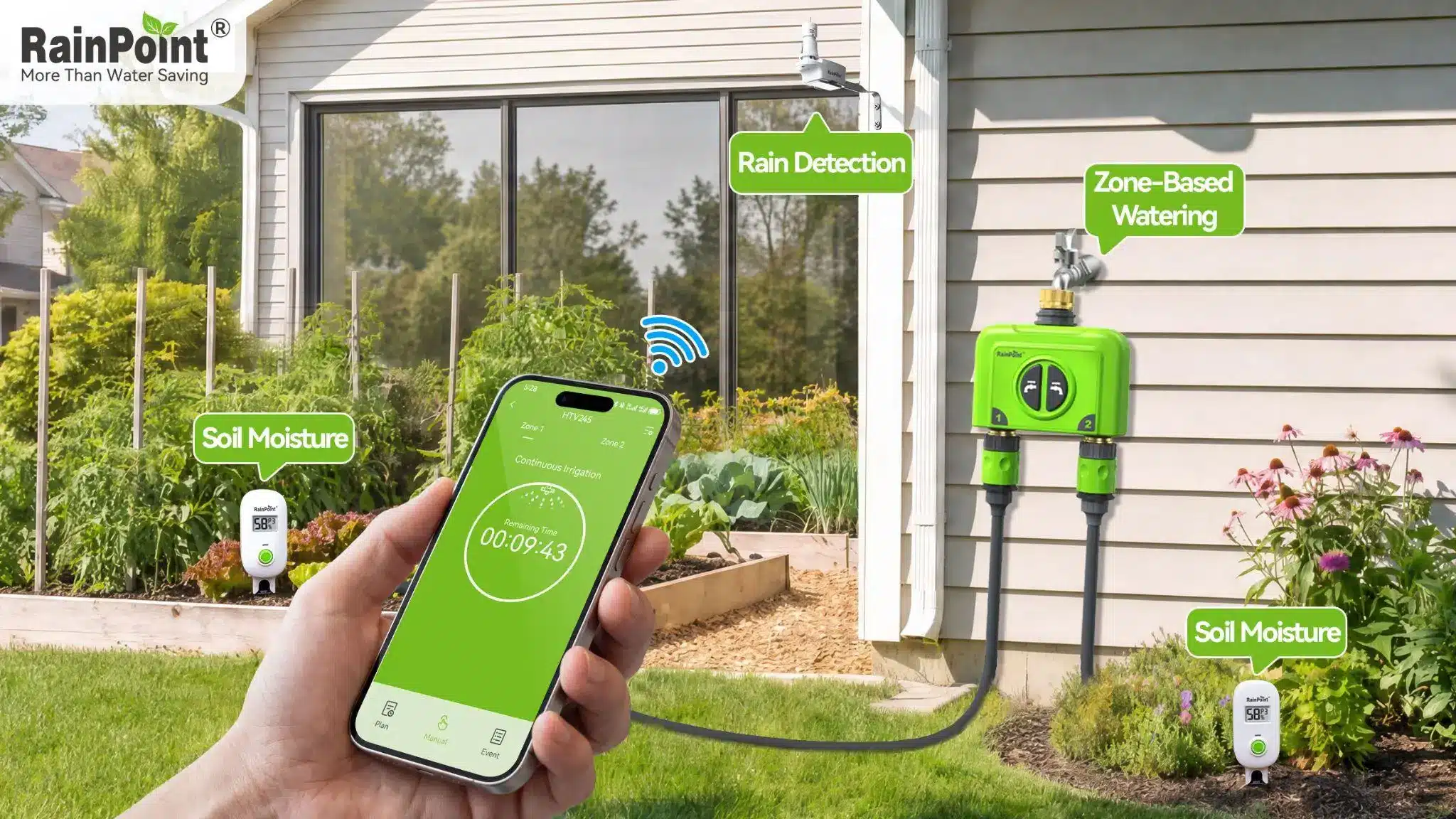 Smart irrigation system setup in garden with smartphone control and moisture sensors nearby
