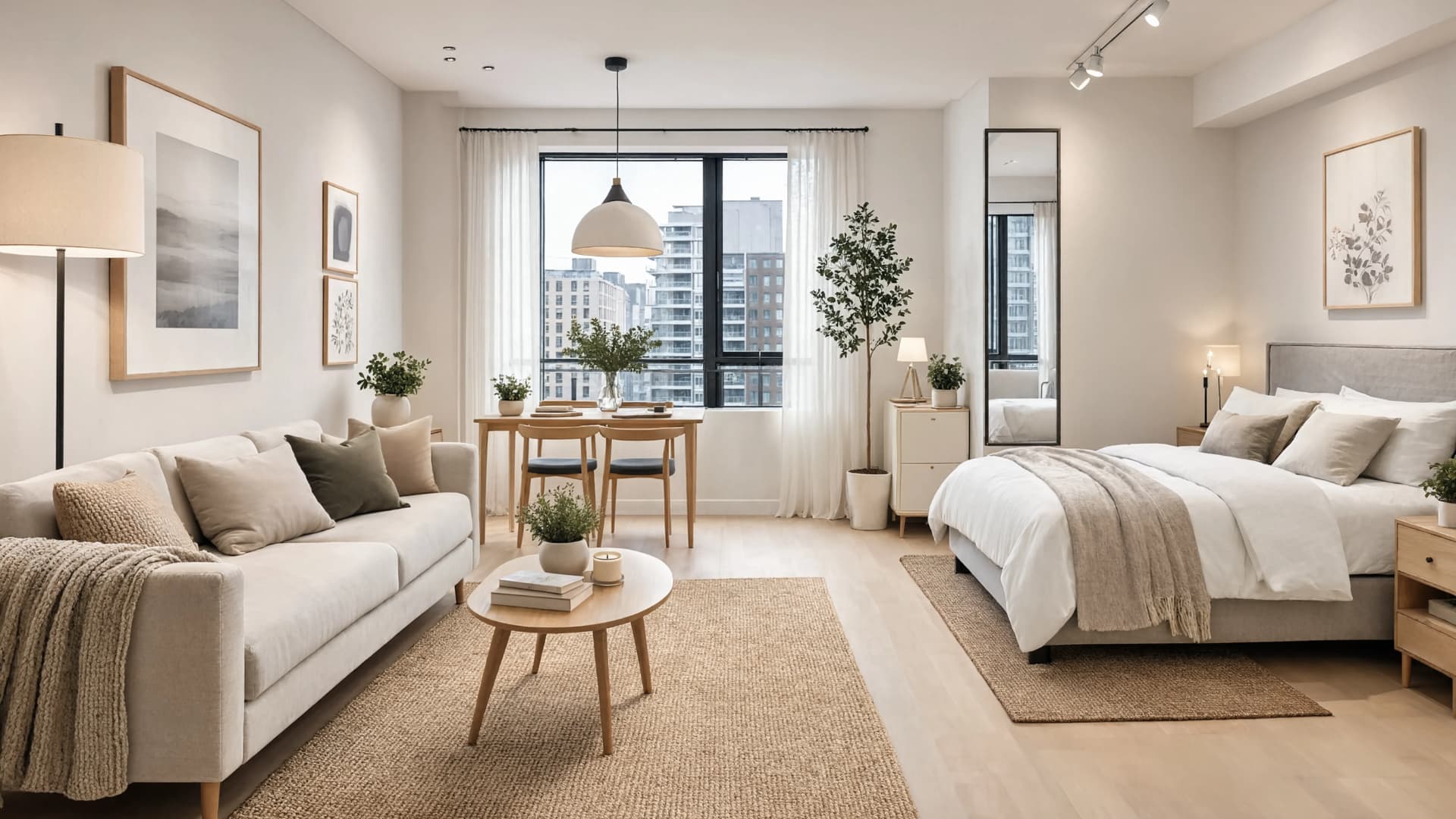 smart small apartment design with open layout, natural light and minimal cozy modern interiors