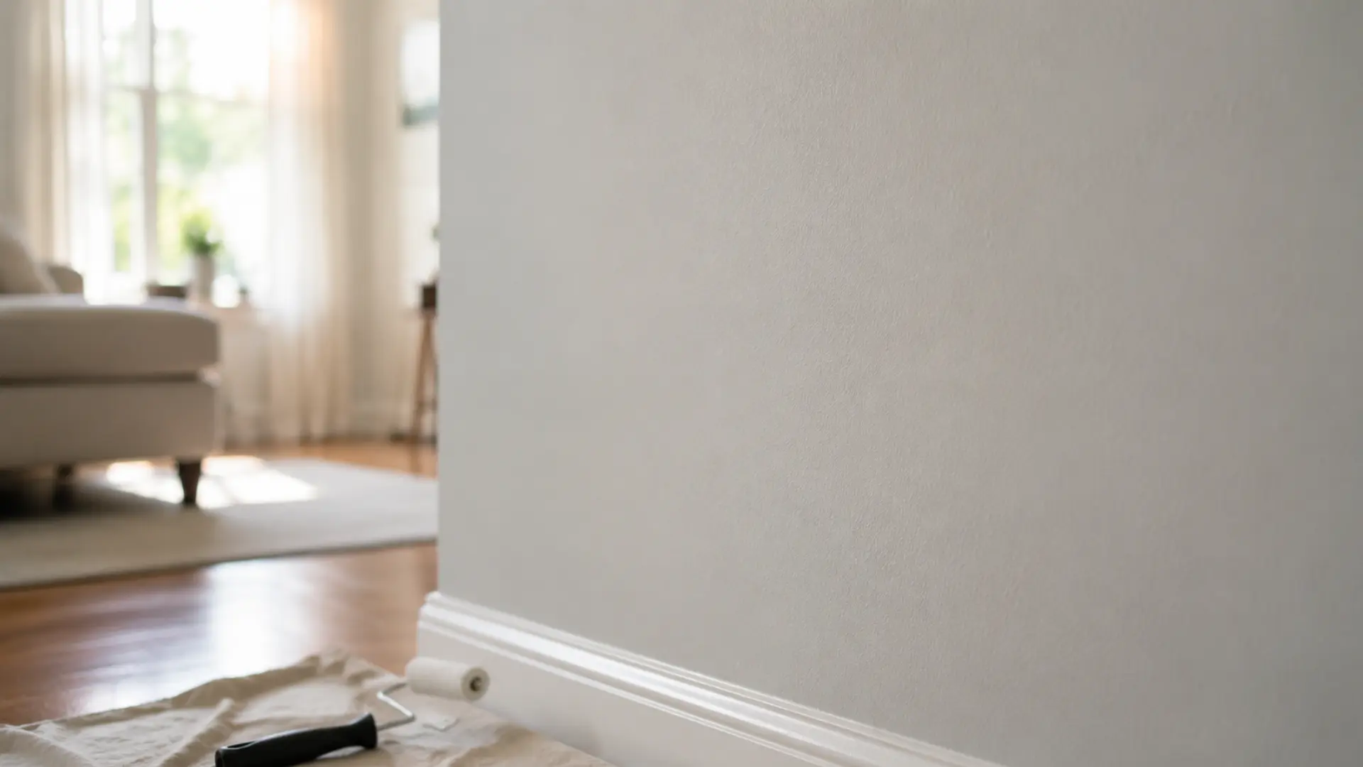 smooth interior wall painted with a matte finish and painting tools nearby