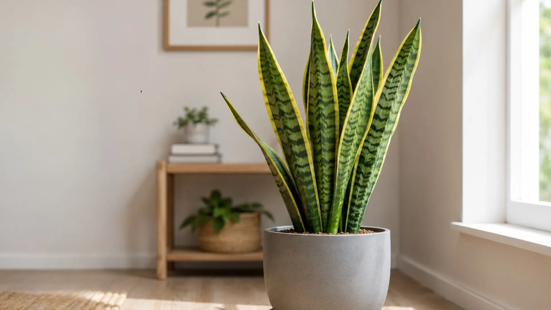 upright snake plant with patterned green leaves in a gray pot beside a bright living room window
