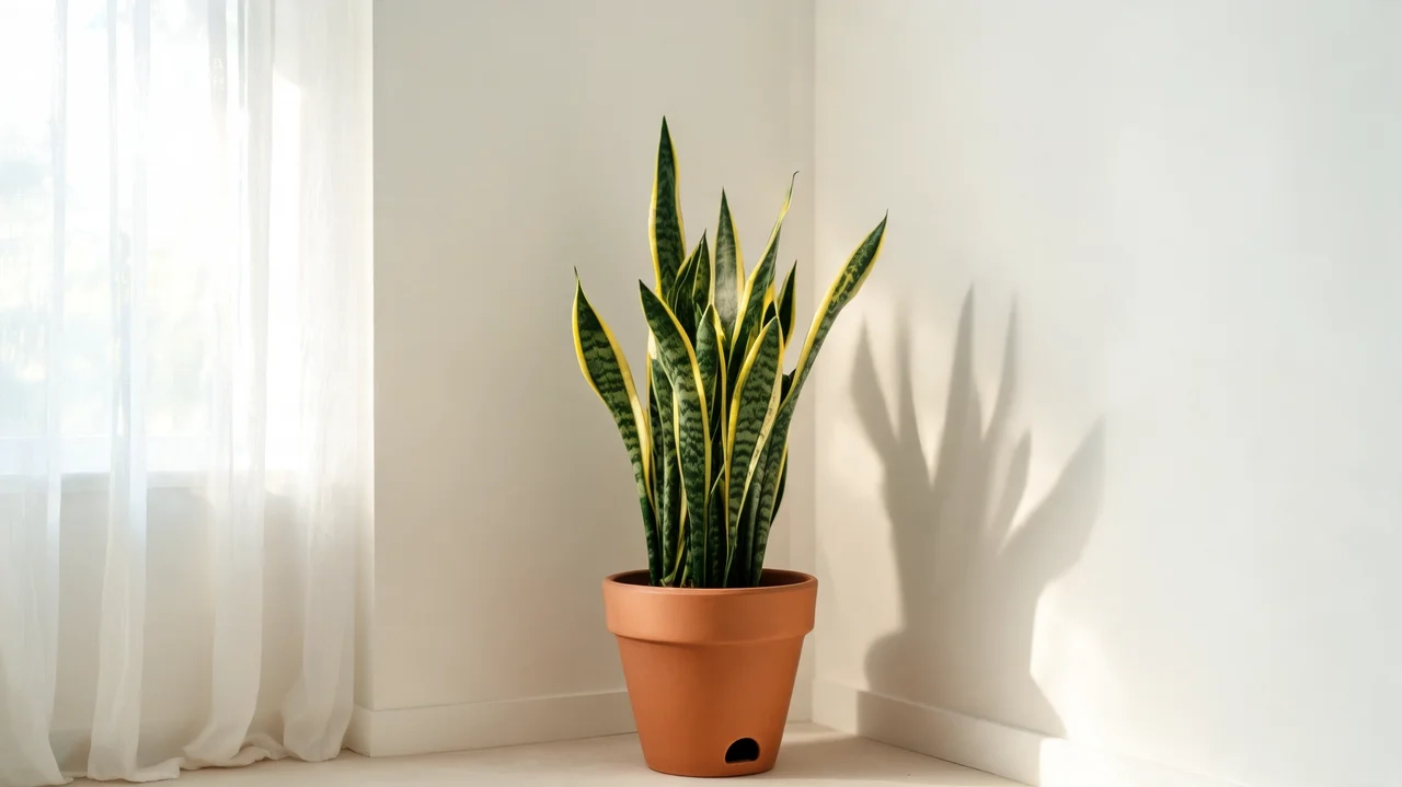 snake plant with tall upright yellow-edged leaves in a terracotta pot in a bright sunlit room corner