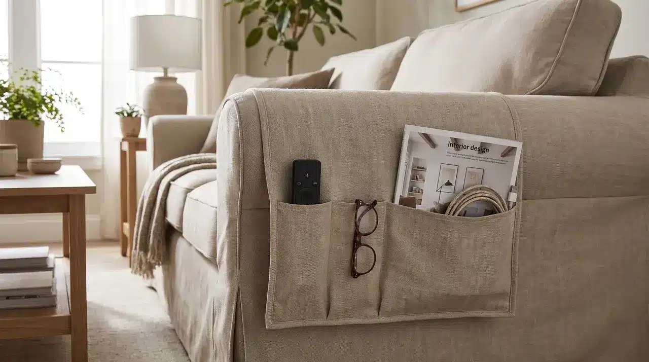 a sofa arm storage organizer draped over the armrest holding remotes magazines and small items