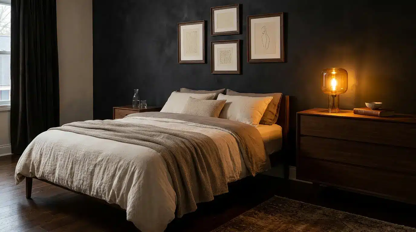 soft black bedroom wall with cream art prints dark wood furniture and warm shaded lamp
