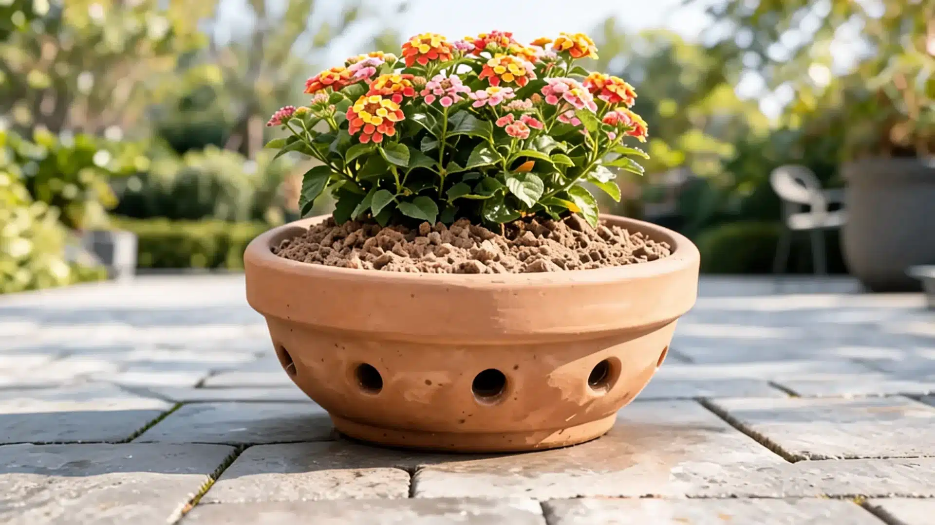 colorful lantana flowers grow in a terracotta pot with drainage holes on a sunny outdoor garden patio