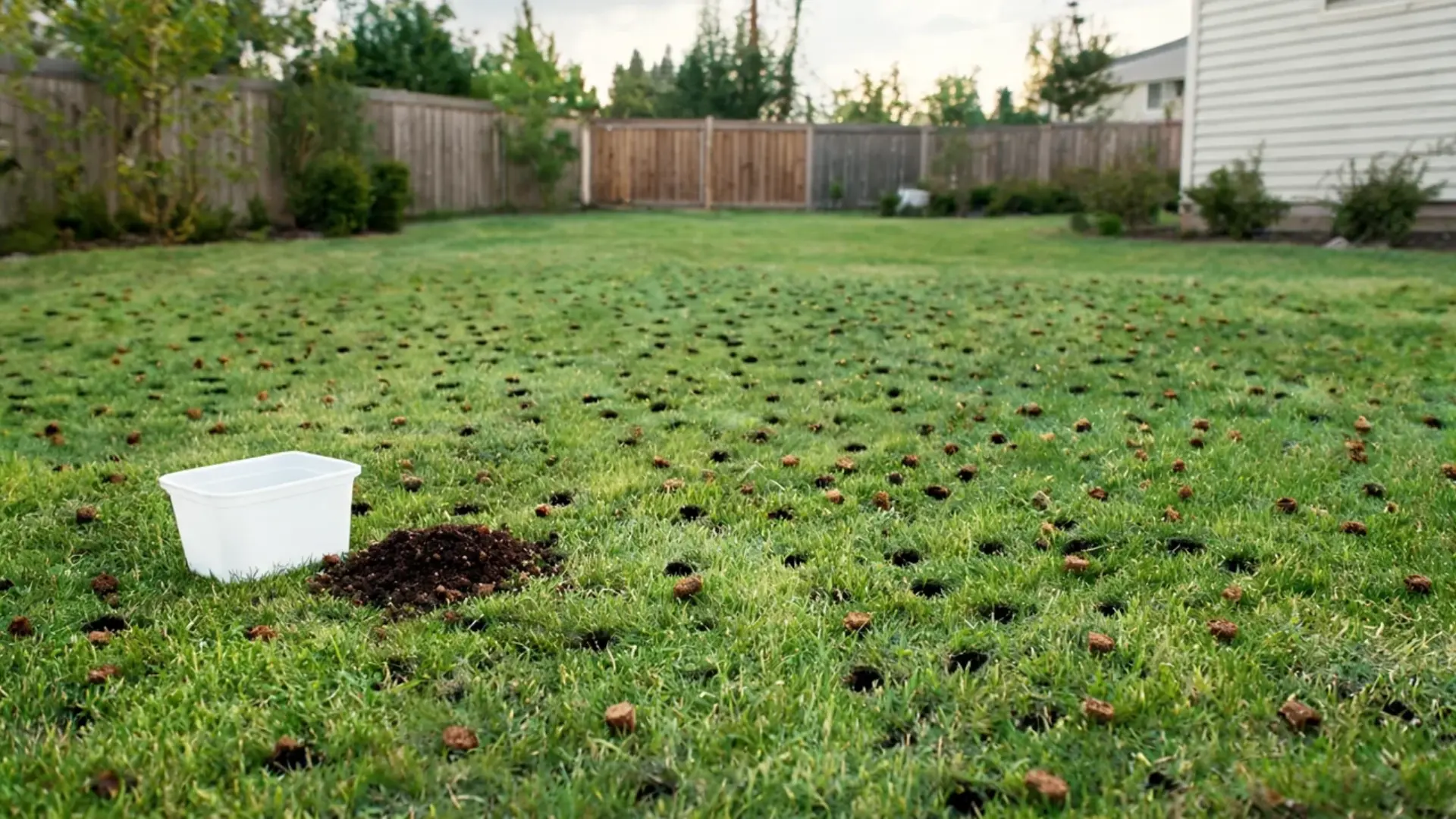 backyard lawn covered in soil plugs beside a white bucket and a small pile of dark compost