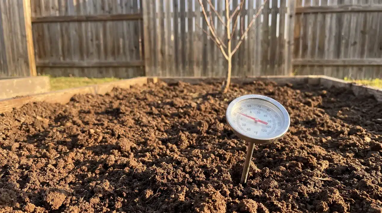 soil thermometer inserted into freshly tilled brown soil in a garden bed near a wooden fence and tree