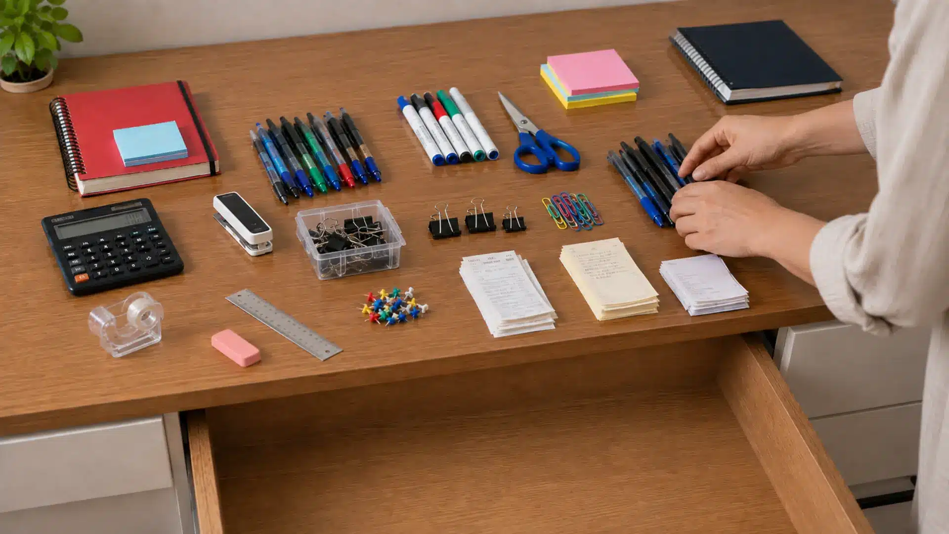 person sorting pens papers cables and office tools into clear groups on a light wooden desk