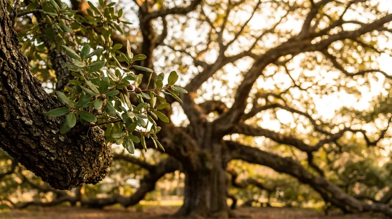 southern live oak with wide canopy leathery leaves and bark