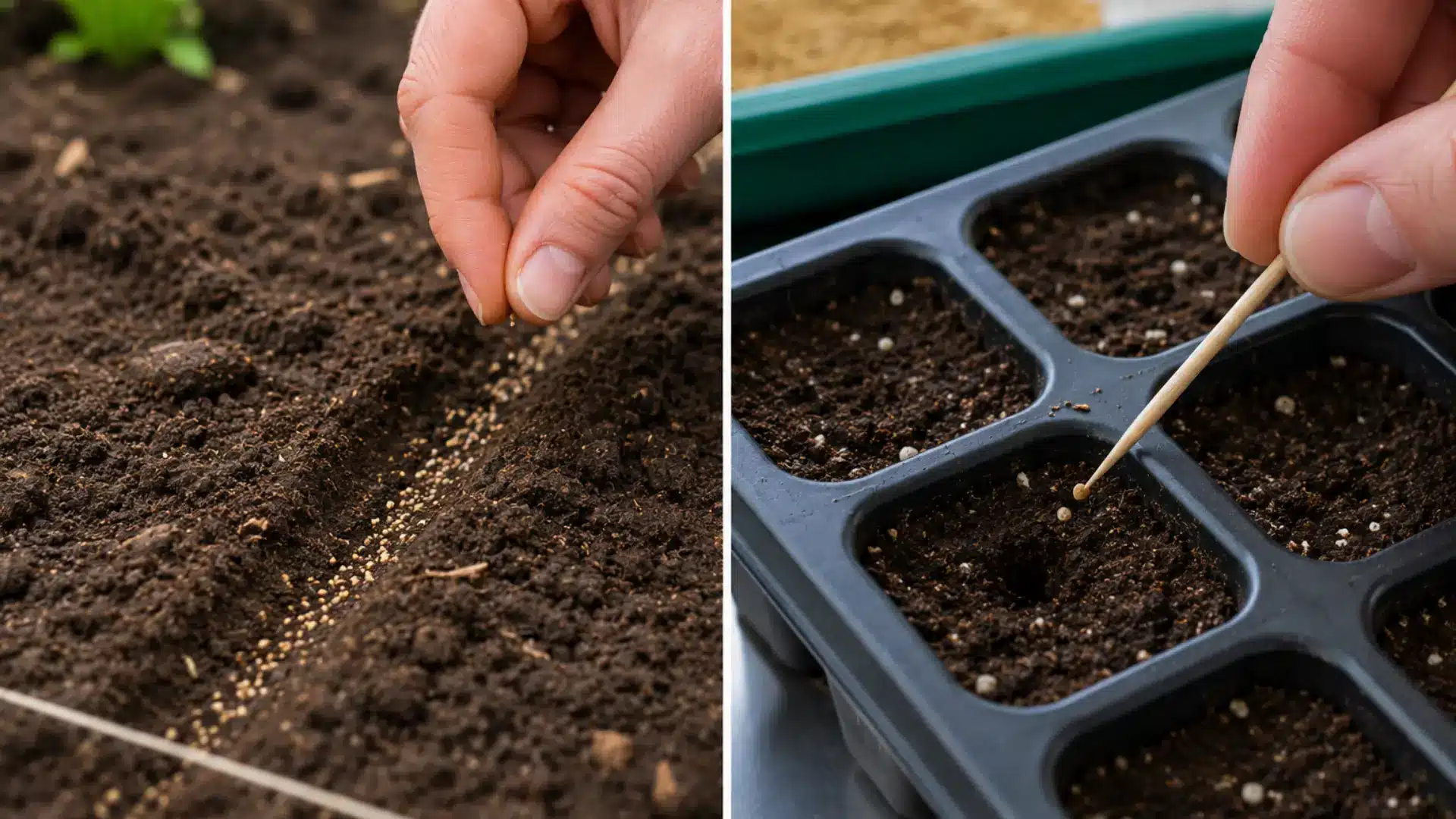 hands sow tiny amaranth seeds directly in garden soil and place seeds into an indoor growing tray