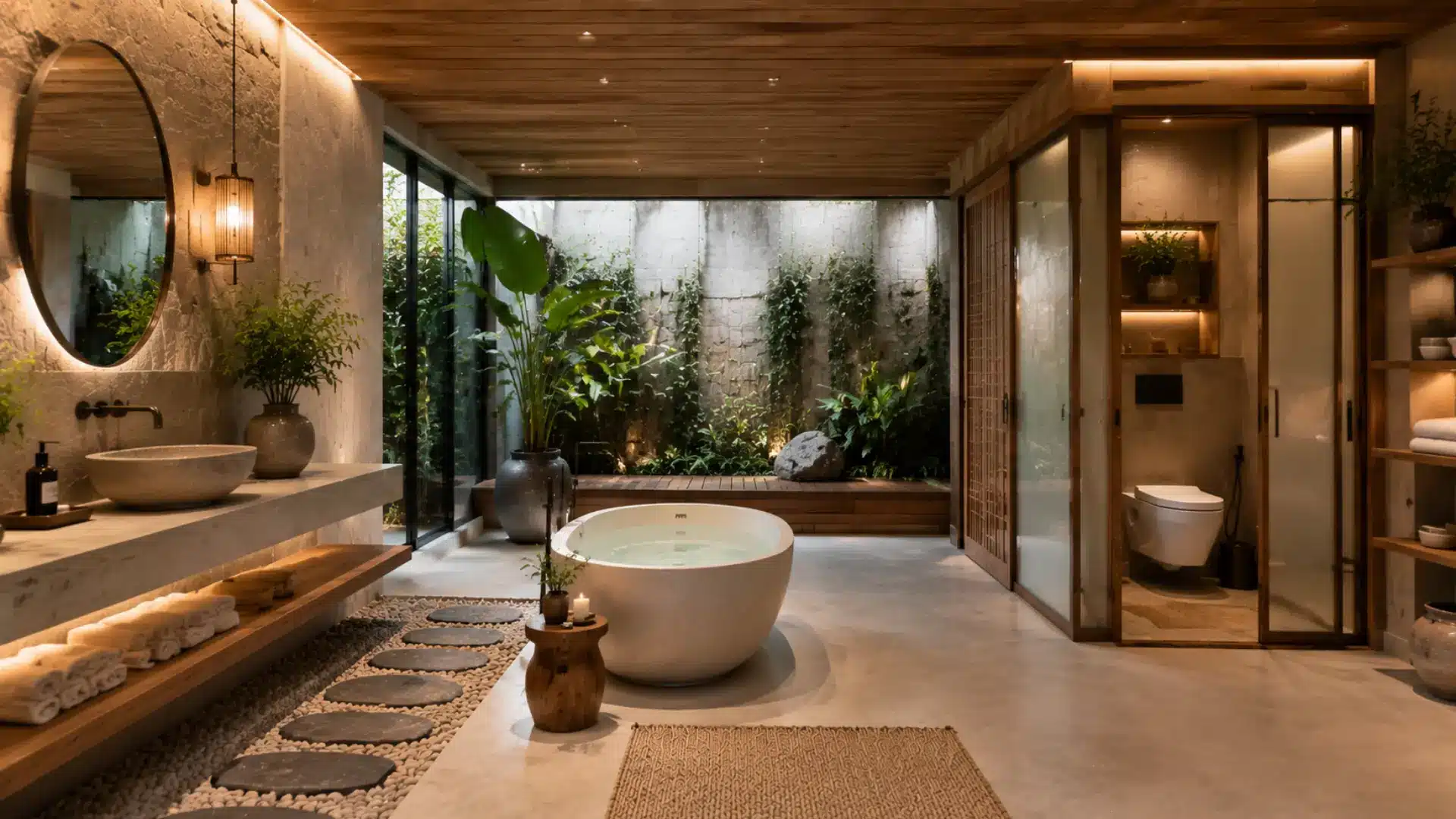 spa inspired water closet with natural textures, warm lighting, and a relaxing bathroom atmosphere