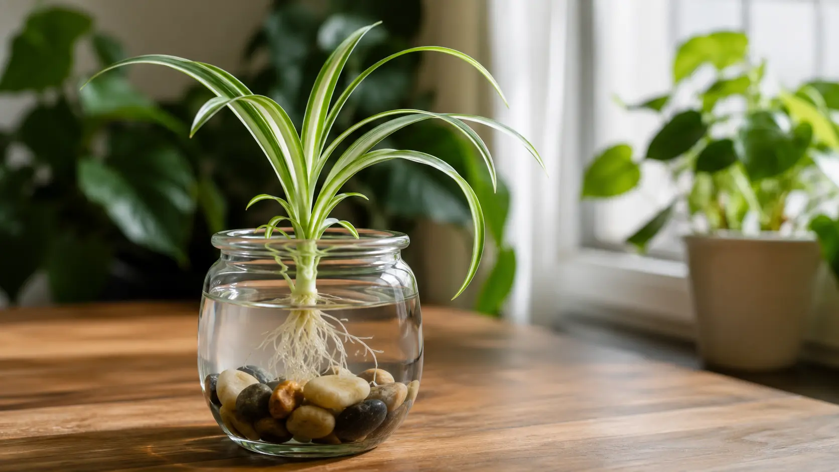 spider plant with arching striped leaves and white roots growing in water above dark pebbles