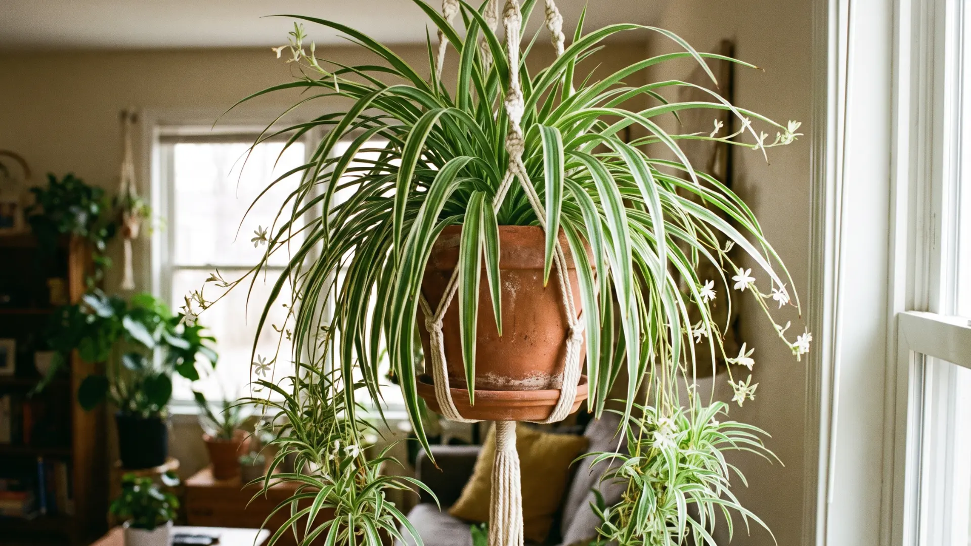 large spider plant with long arching leaves and small white flowers beside a bright indoor window