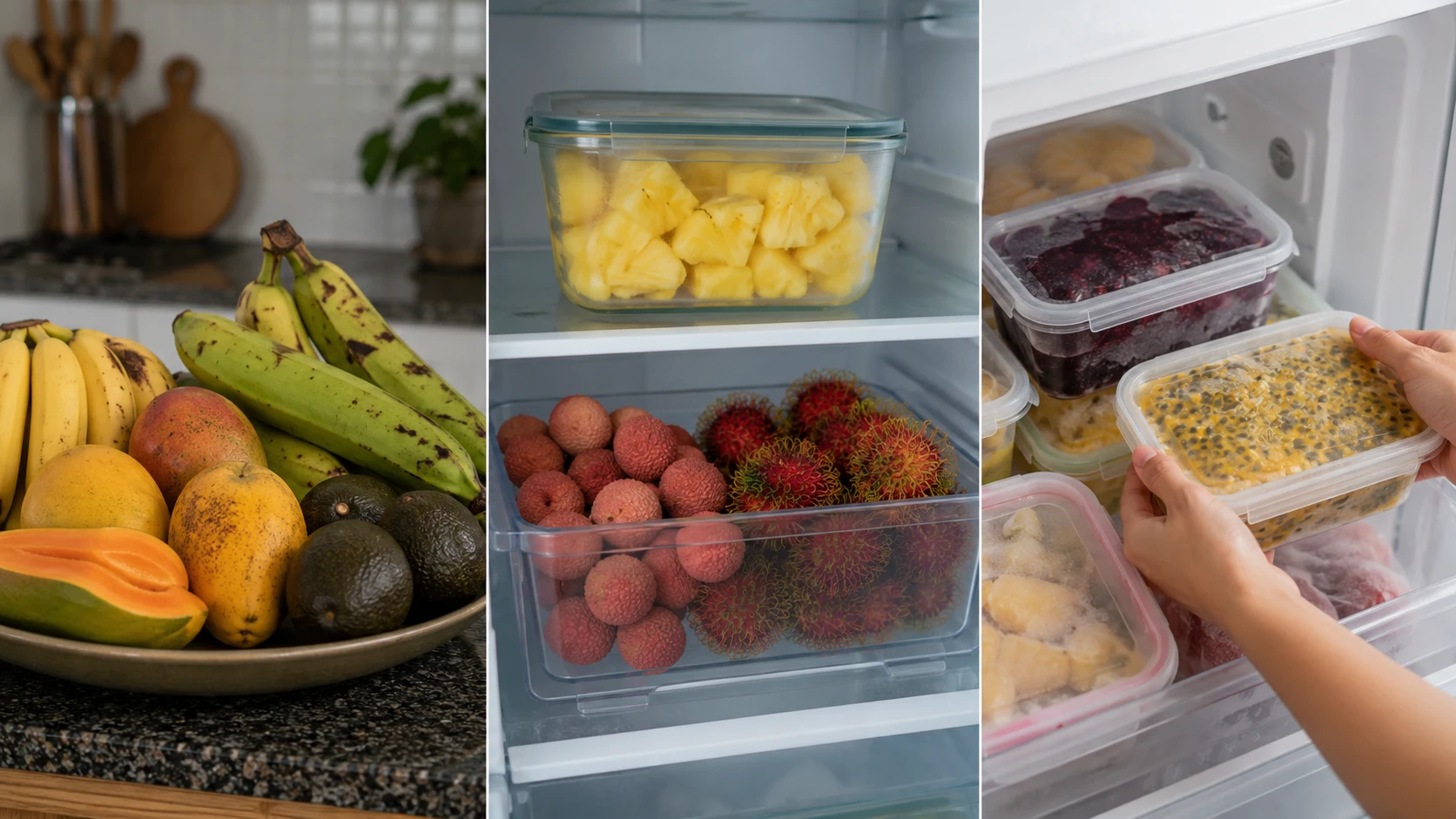 split image showing tropical fruits stored on a counter in a fridge drawer and in freezer containers
