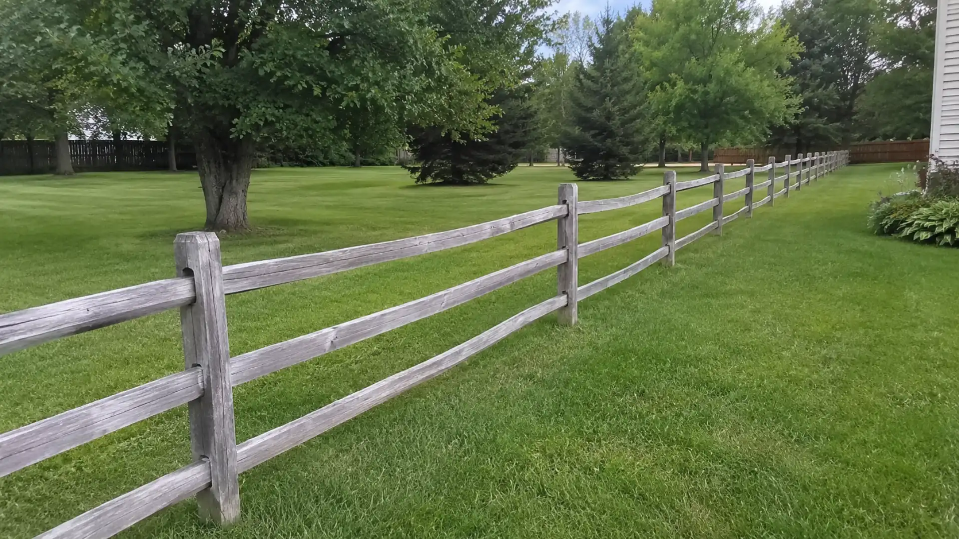 wooden split-rail fence running along a grassy backyard lawn
