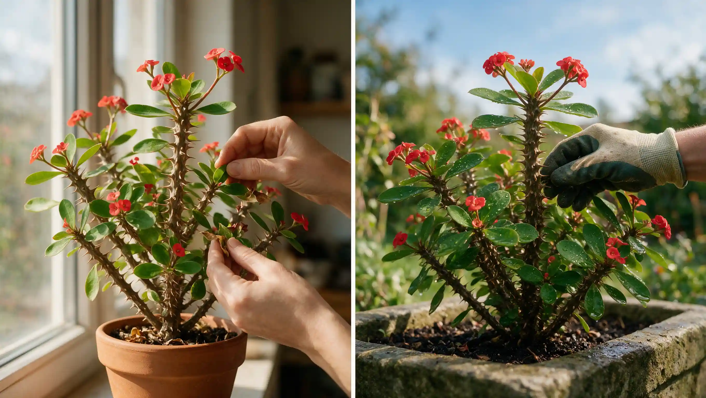 split view of a crown of thorns plant being cared for and cleaned indoors and outdoors after rain