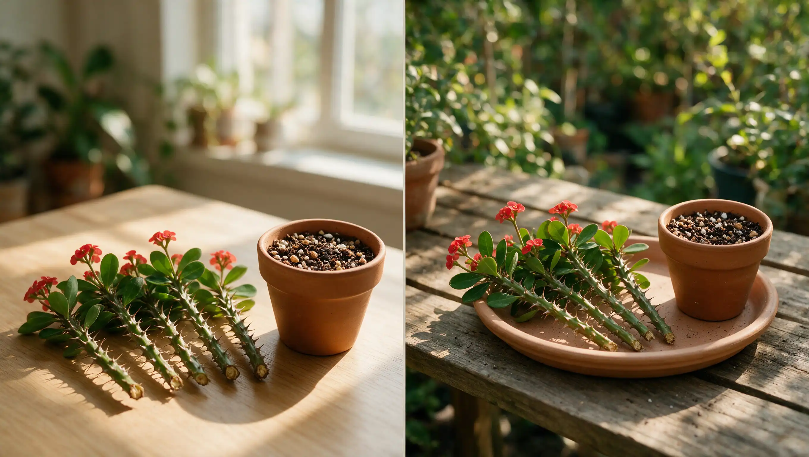 split view of a crown of thorns stem cutting rooting indoors on left and outdoors in soil on right