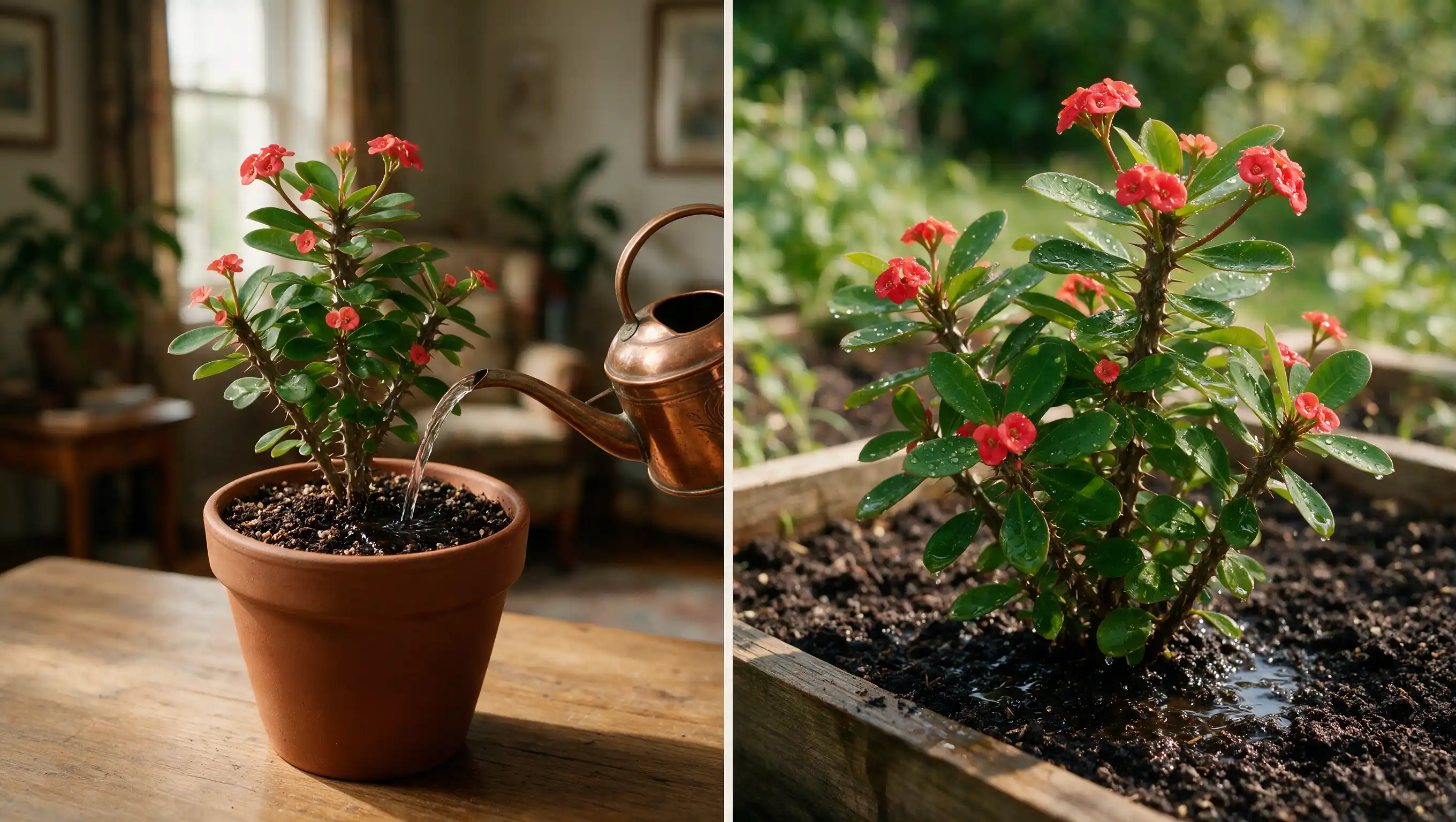 split view of crown of thorns plant being watered indoors on left and outdoors in a garden on right