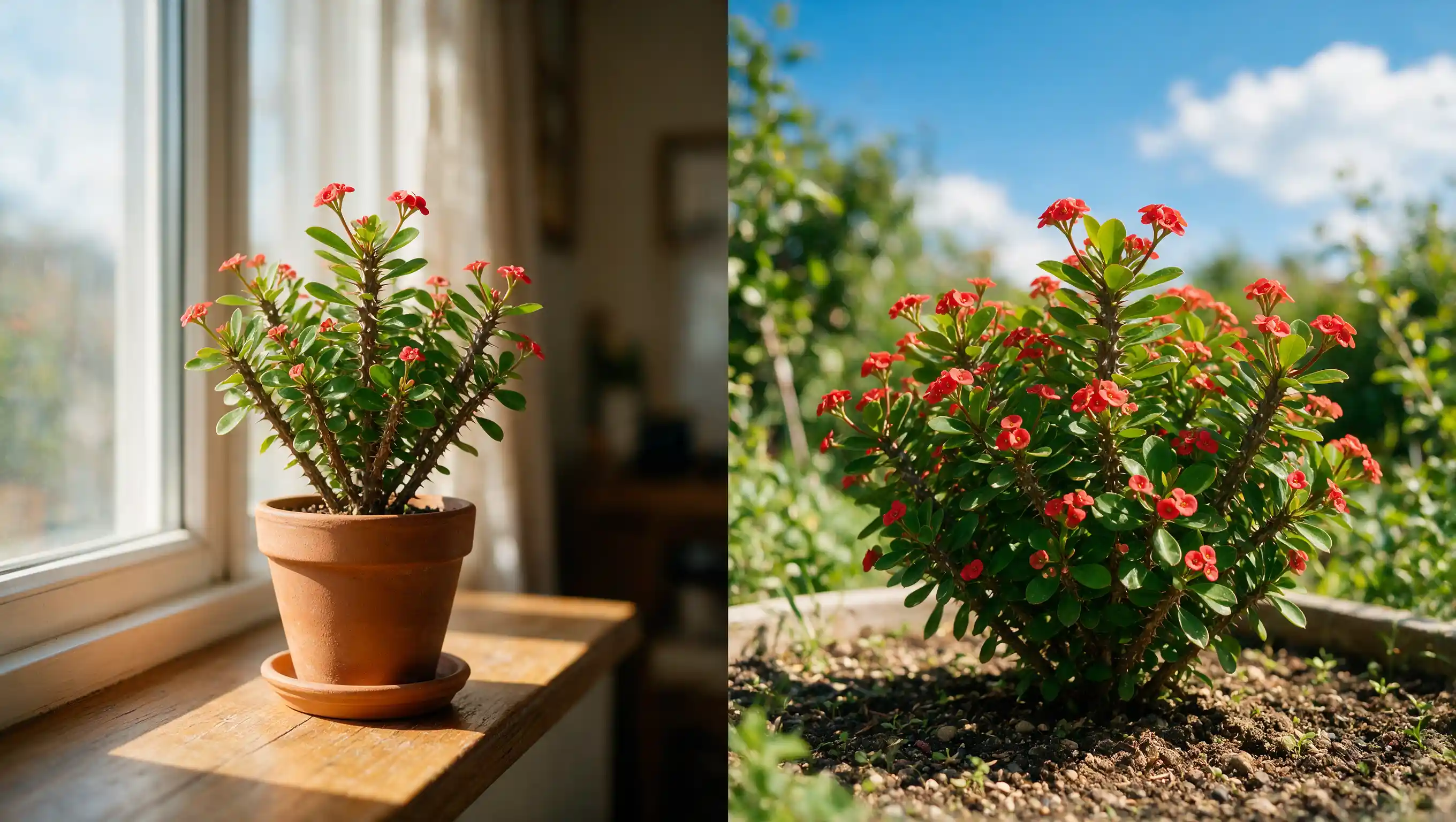 split view of crown of thorns plant getting bright light indoors on left and full sun outdoors on right