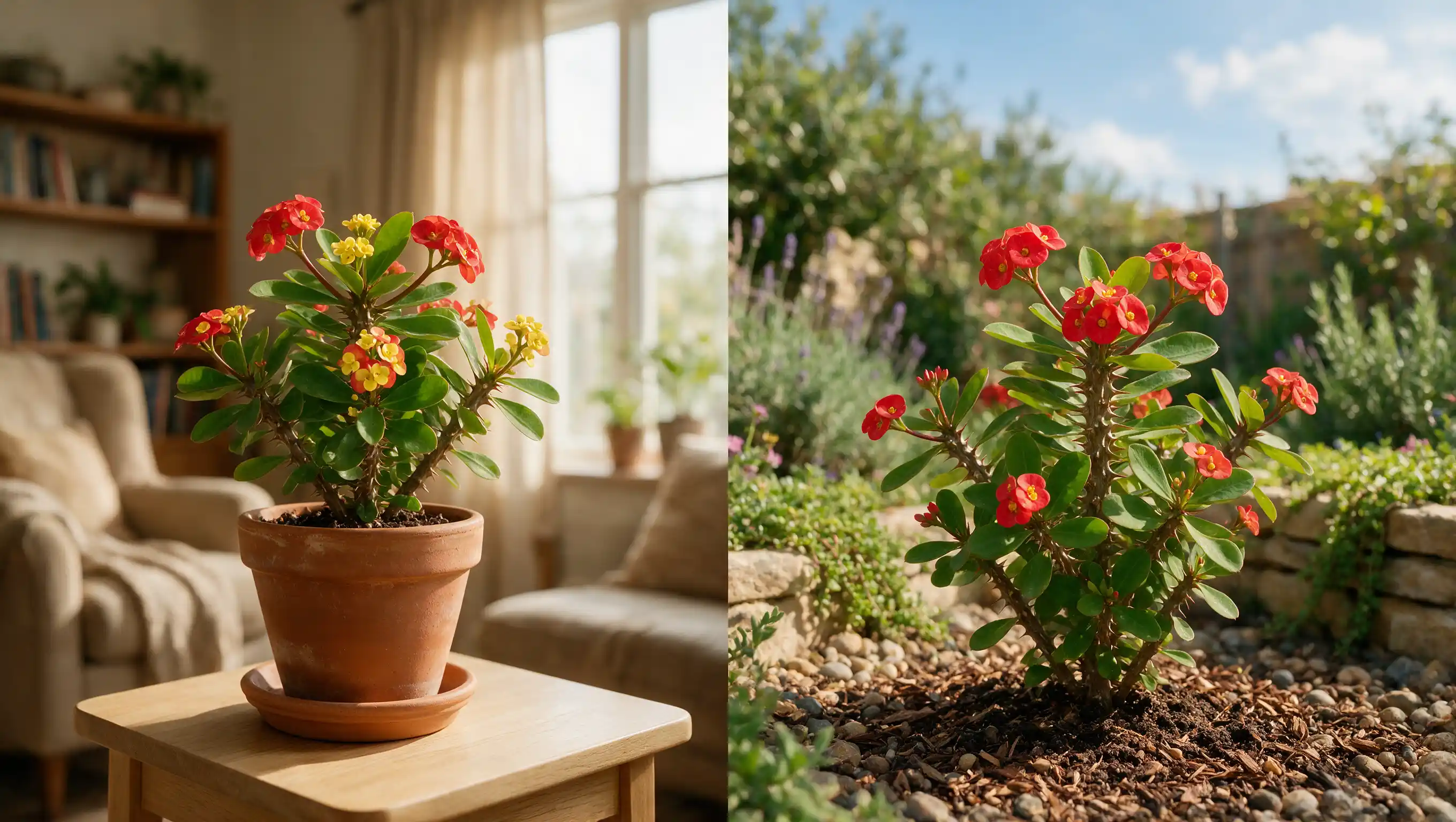split view of crown of thorns plant on a warm windowsill indoors and thriving outdoors in mild weather