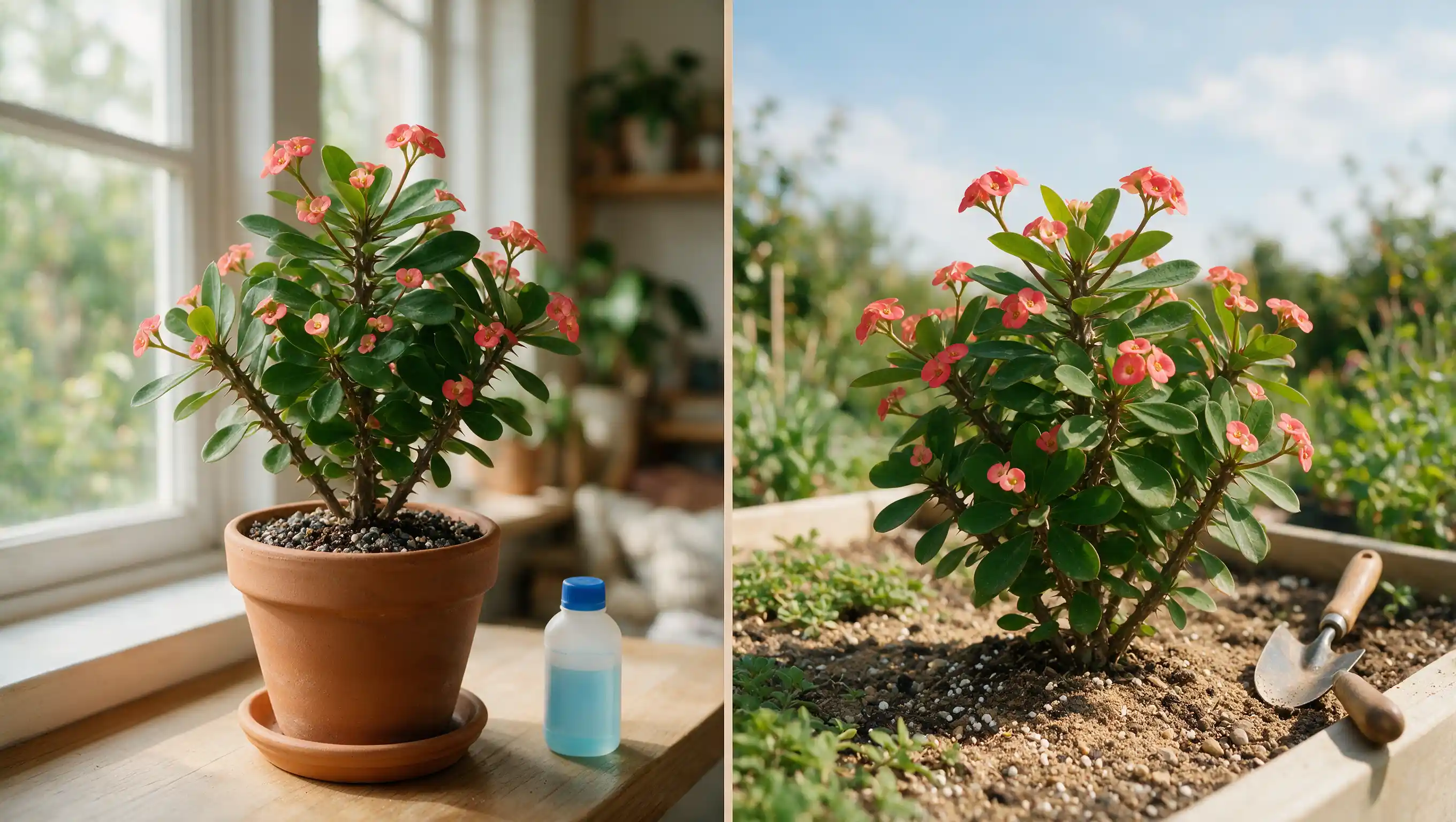 split view of crown of thorns plant potted in well draining soil indoors and outdoors in a garden bed